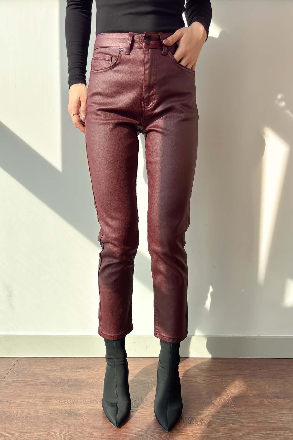 Bordo Düz Paça Mum Kaplama Boyfit Jean