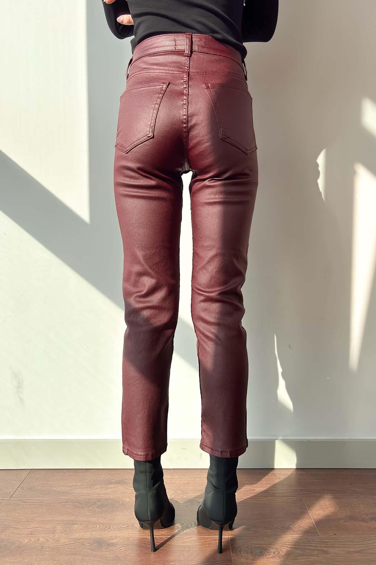 Bordo Düz Paça Mum Kaplama Boyfit Jean