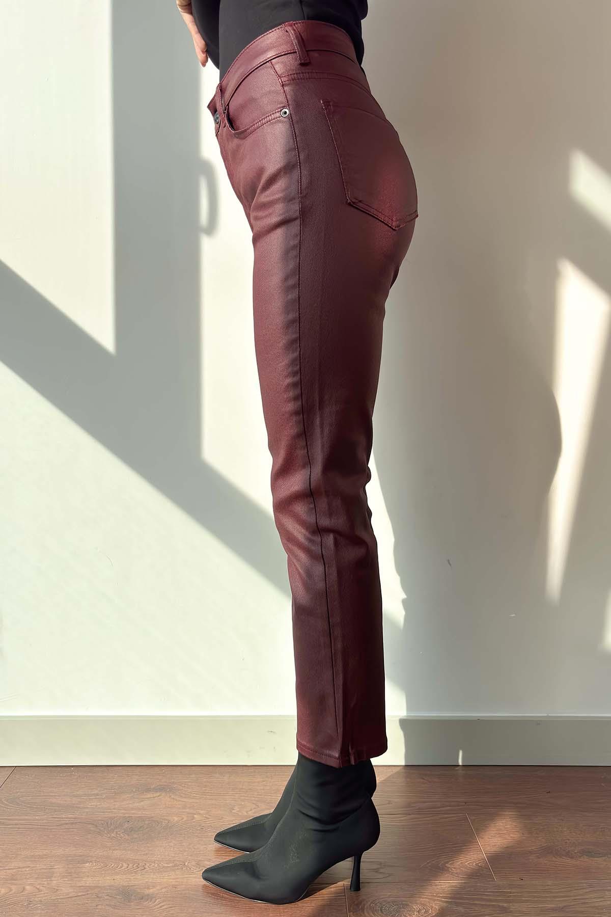 Bordo Düz Paça Mum Kaplama Boyfit Jean
