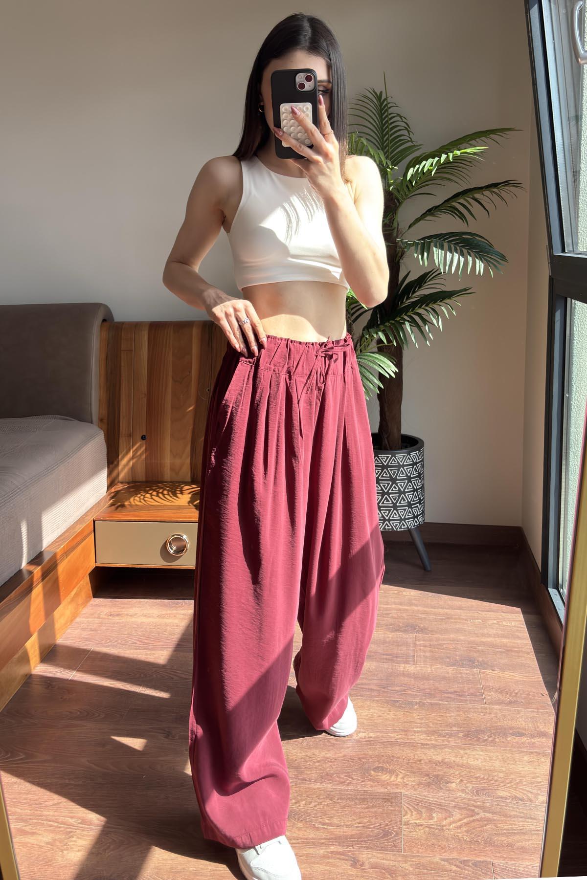 Bordo Elastik Belli Modal Kumaş Relax Pantolon