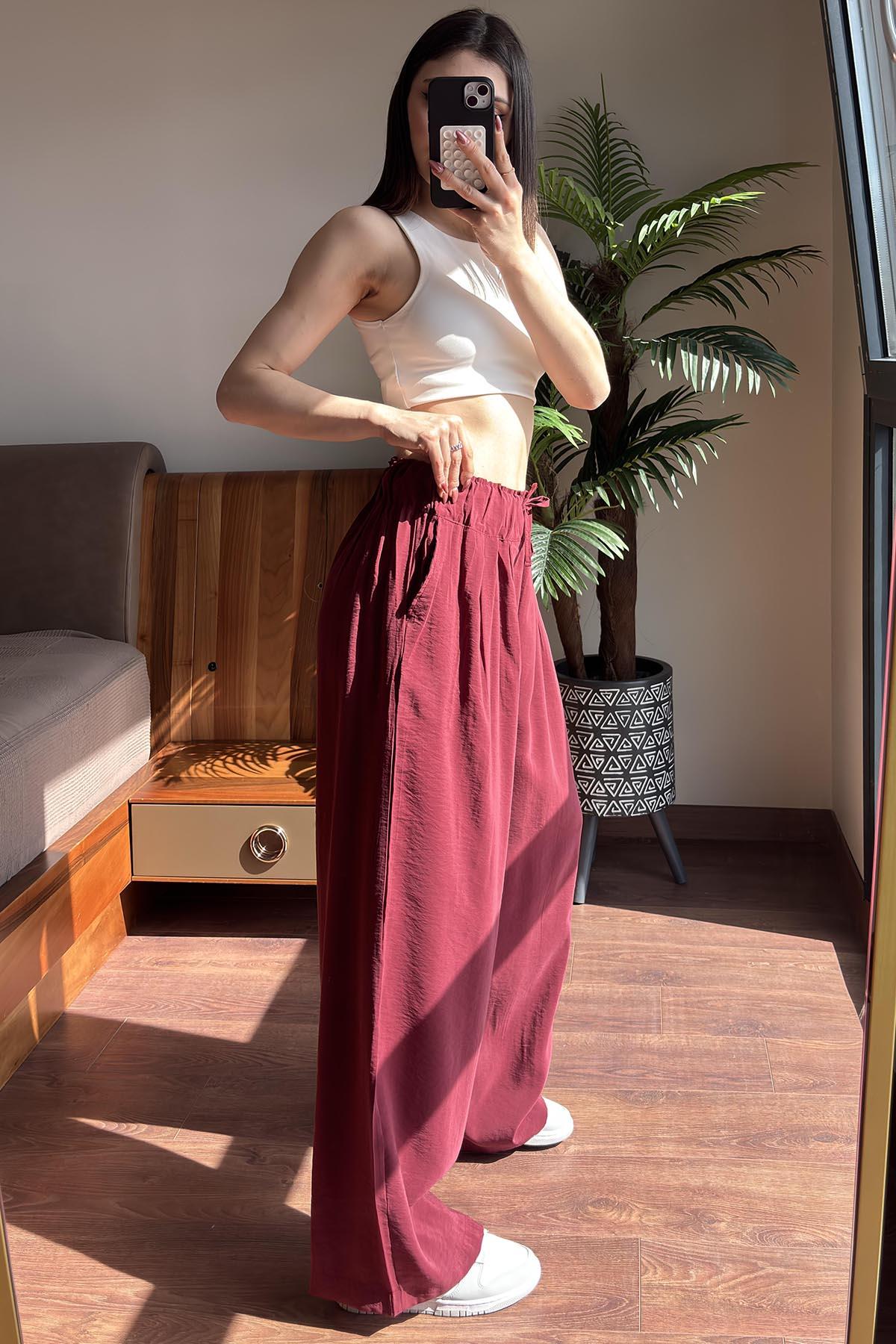Bordo Elastik Belli Modal Kumaş Relax Pantolon