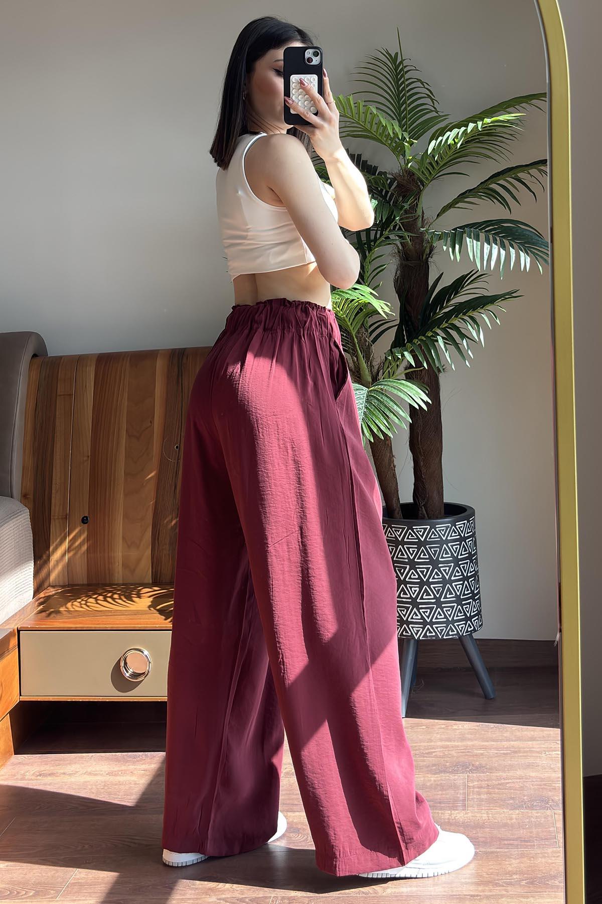Bordo Elastik Belli Modal Kumaş Relax Pantolon
