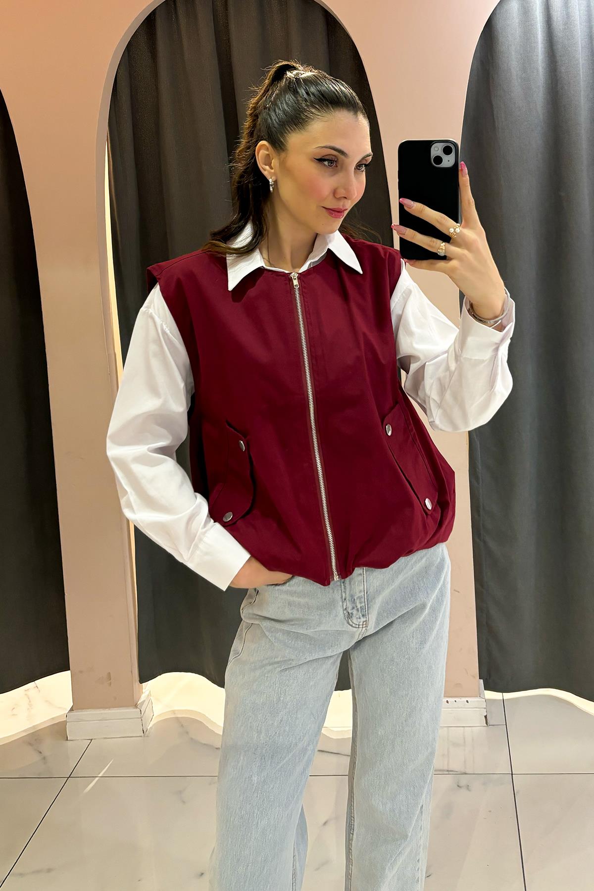 Bordo Fermuarlı Yelek