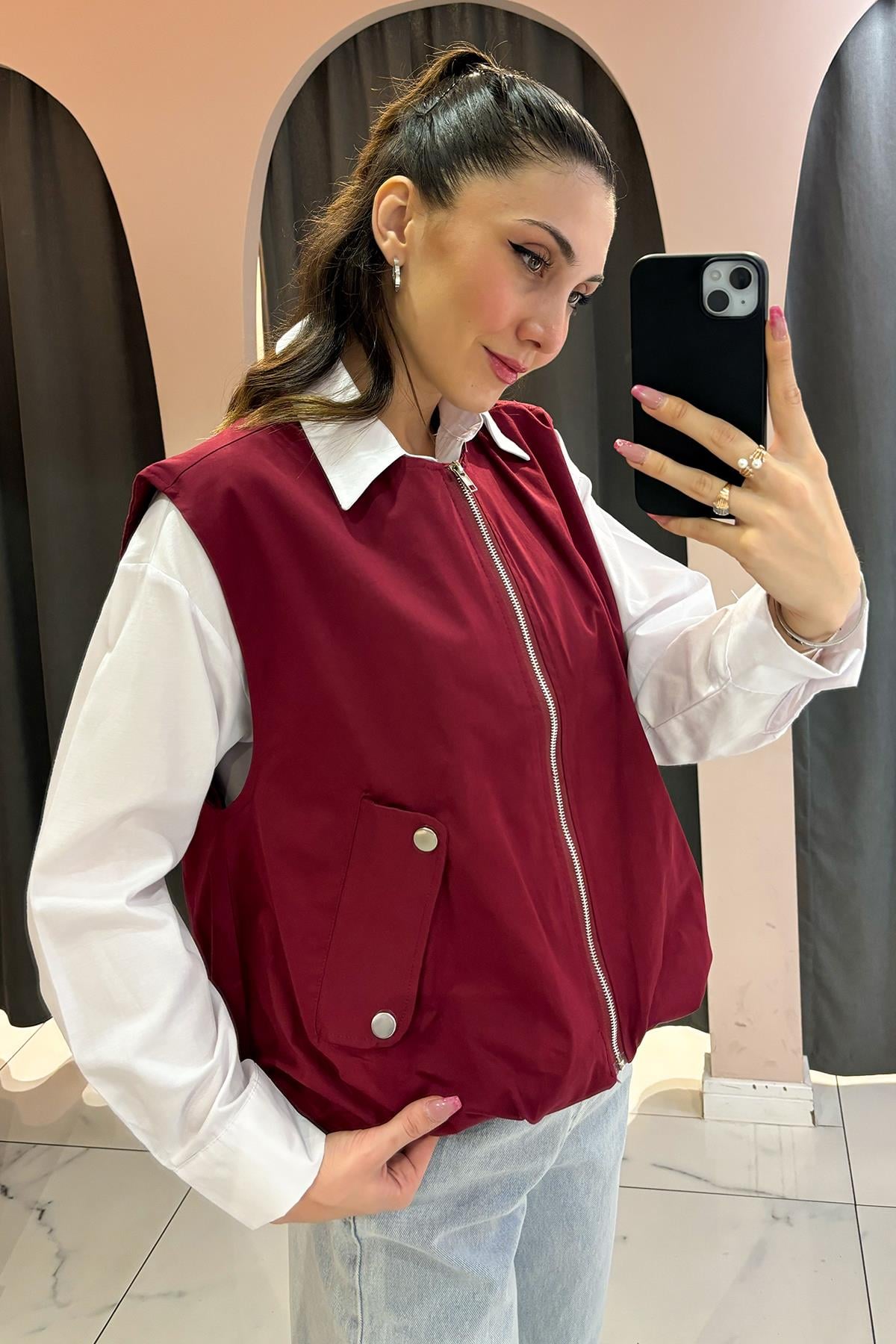 Bordo Fermuarlı Yelek
