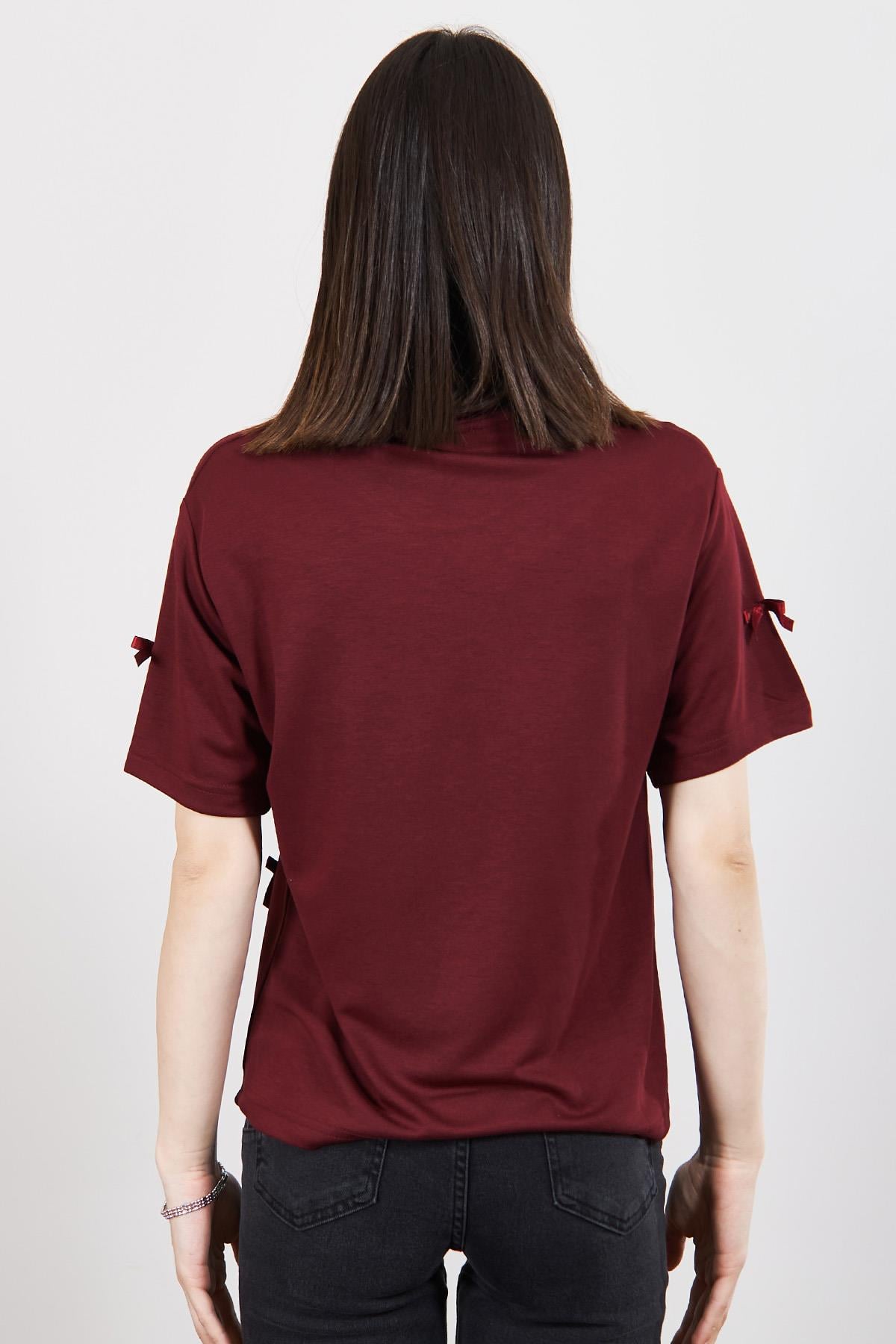 Bordo Fiyonk Detaylı T Shirt