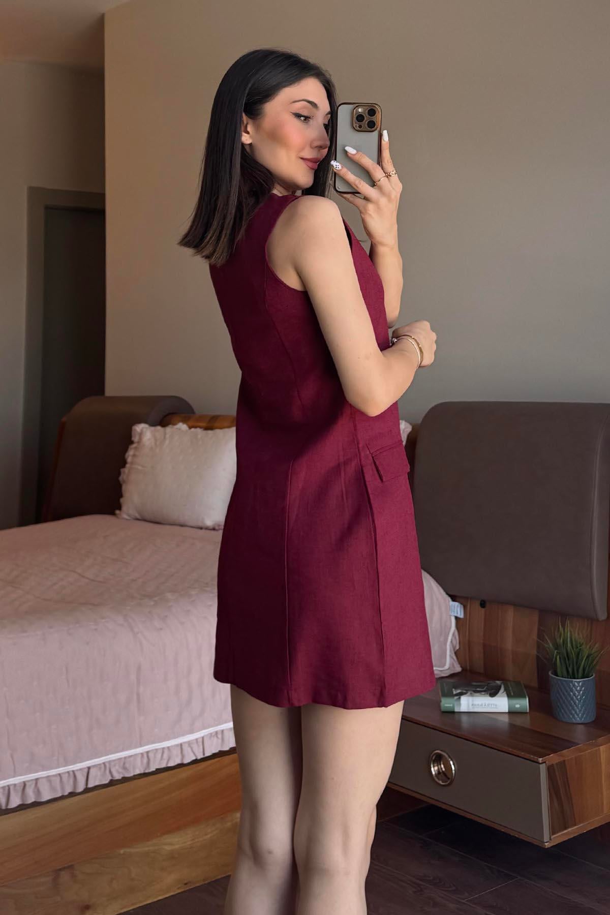 Bordo Gold Düğmeli V Yaka Mini Elbise