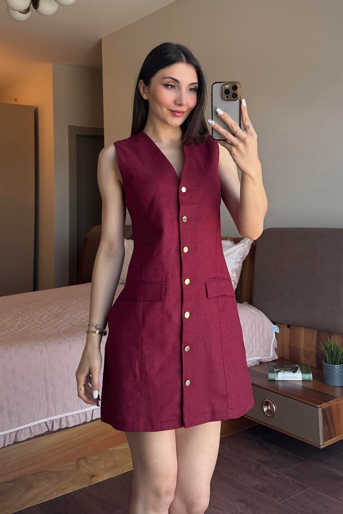 Bordo Gold Düğmeli V Yaka Mini Elbise