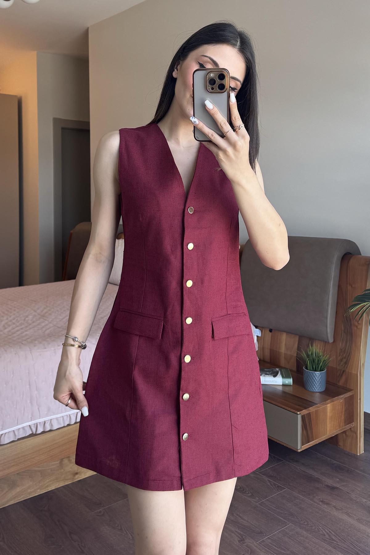 Bordo Gold Düğmeli V Yaka Mini Elbise
