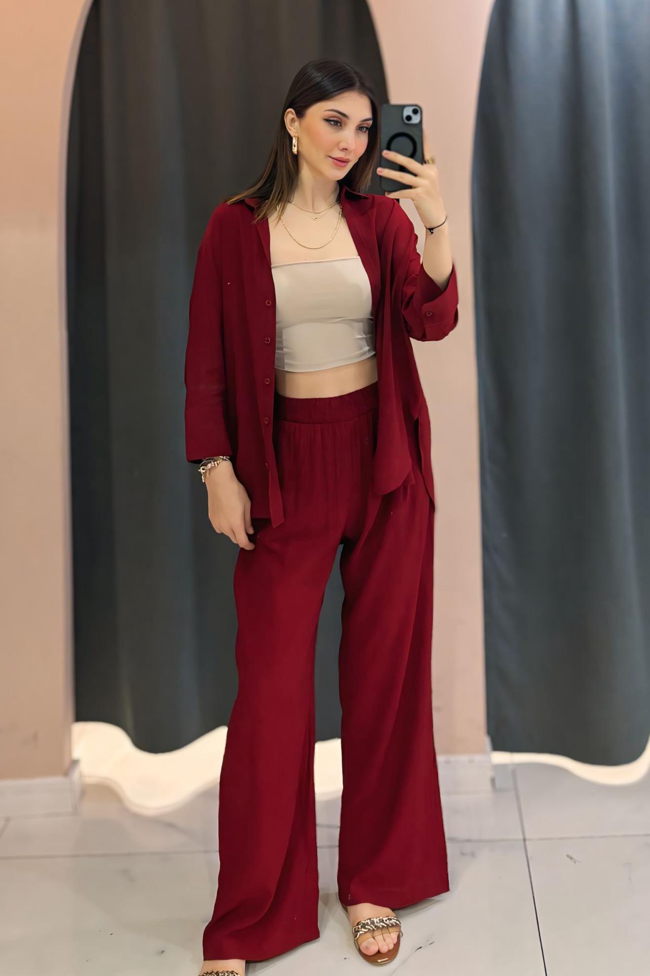 Bordo Gömlek Pantolon Takım