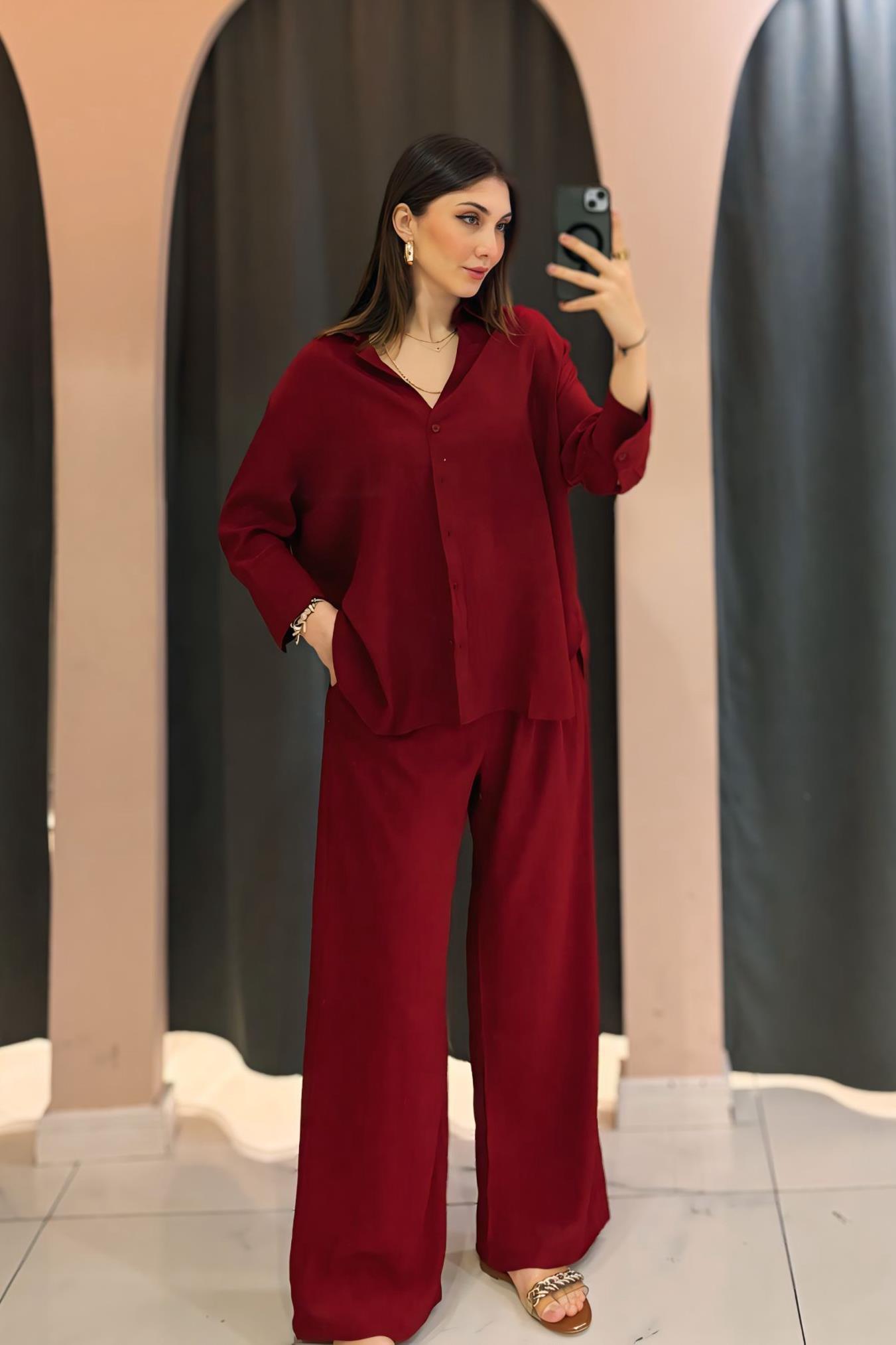 Bordo Gömlek Pantolon Takım
