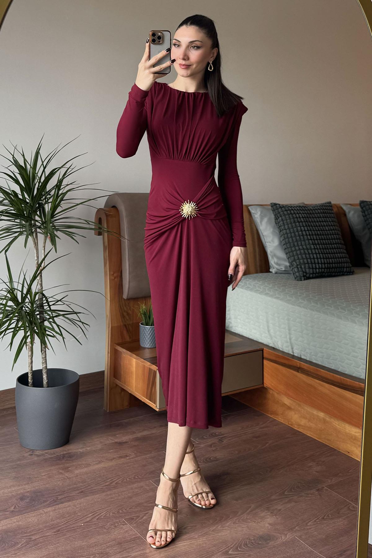 Bordo Güneş Tokalı Drape Detaylı Elbise