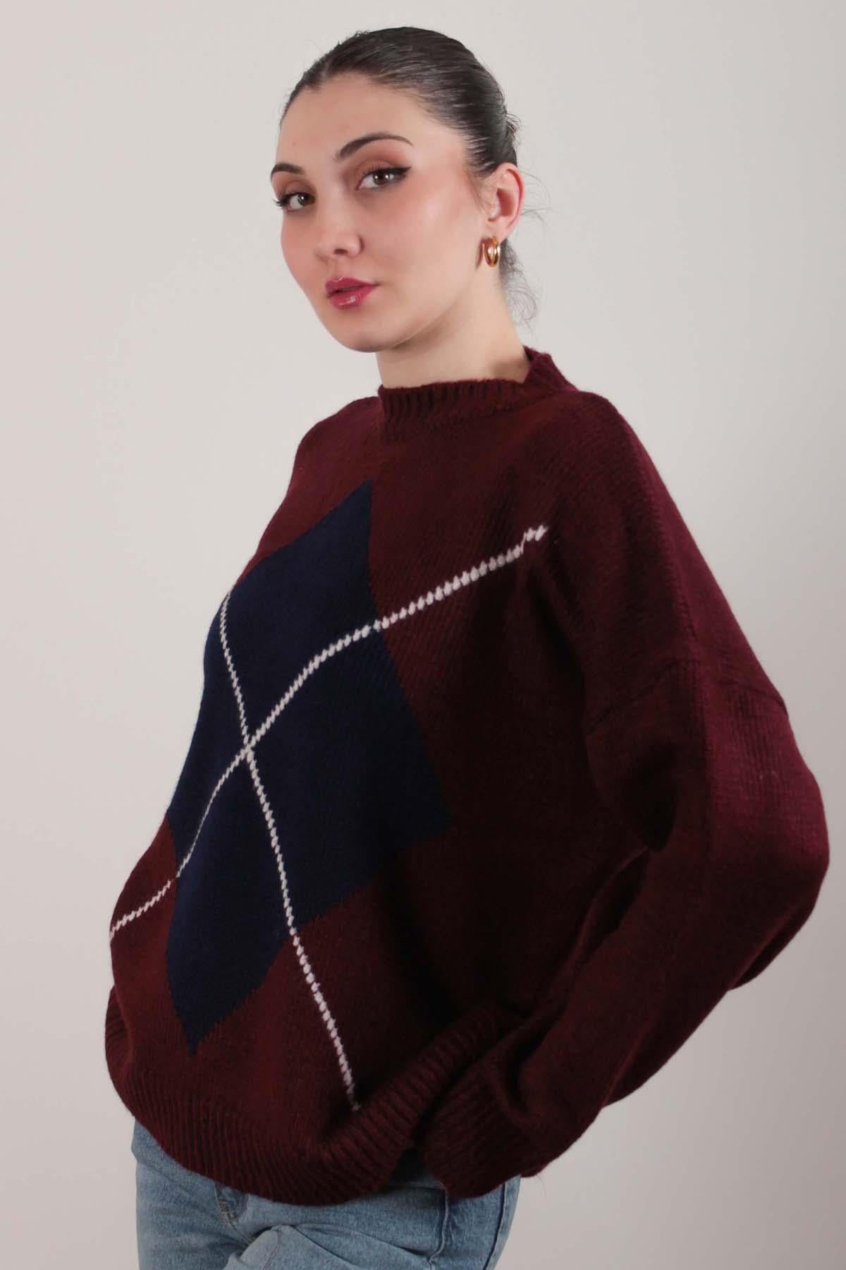 Bordo İntersia Baklava Desen Kazak