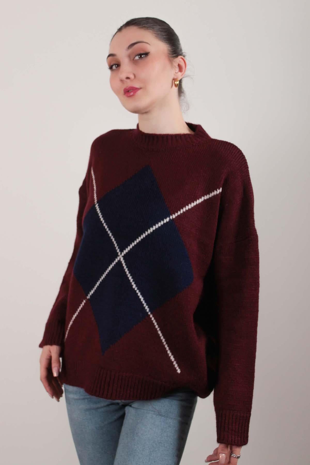Bordo İntersia Baklava Desen Kazak