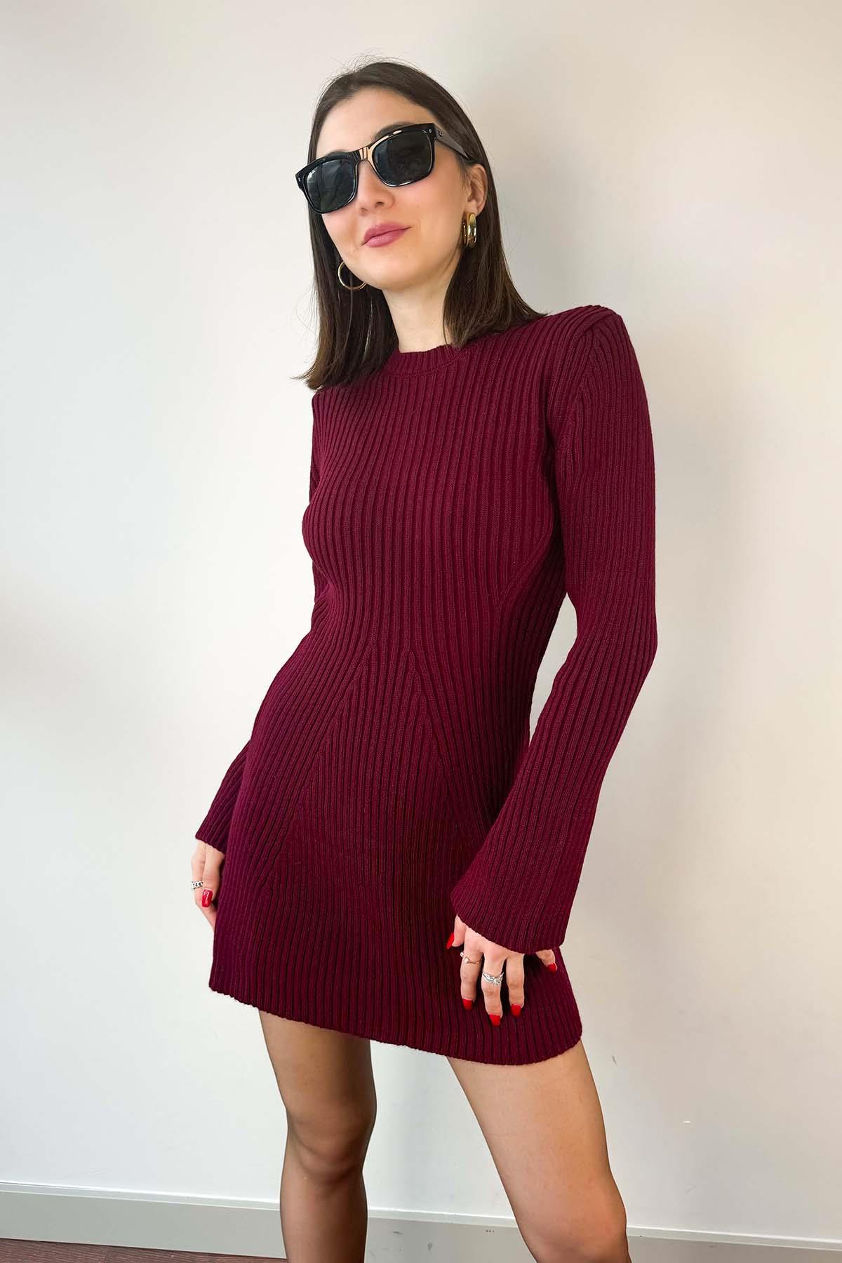 Bordo İspanyol Kollu Triko Elbise