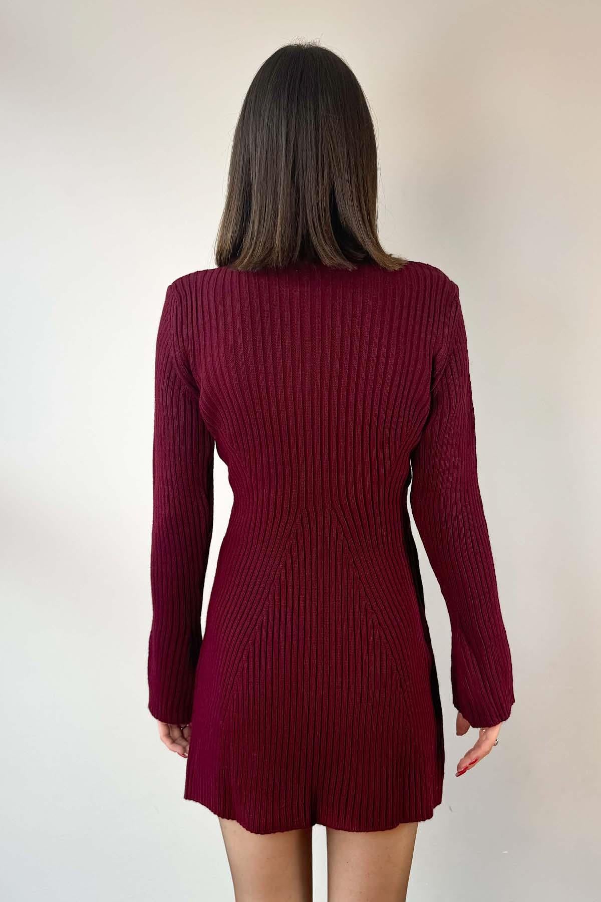 Bordo İspanyol Kollu Triko Elbise