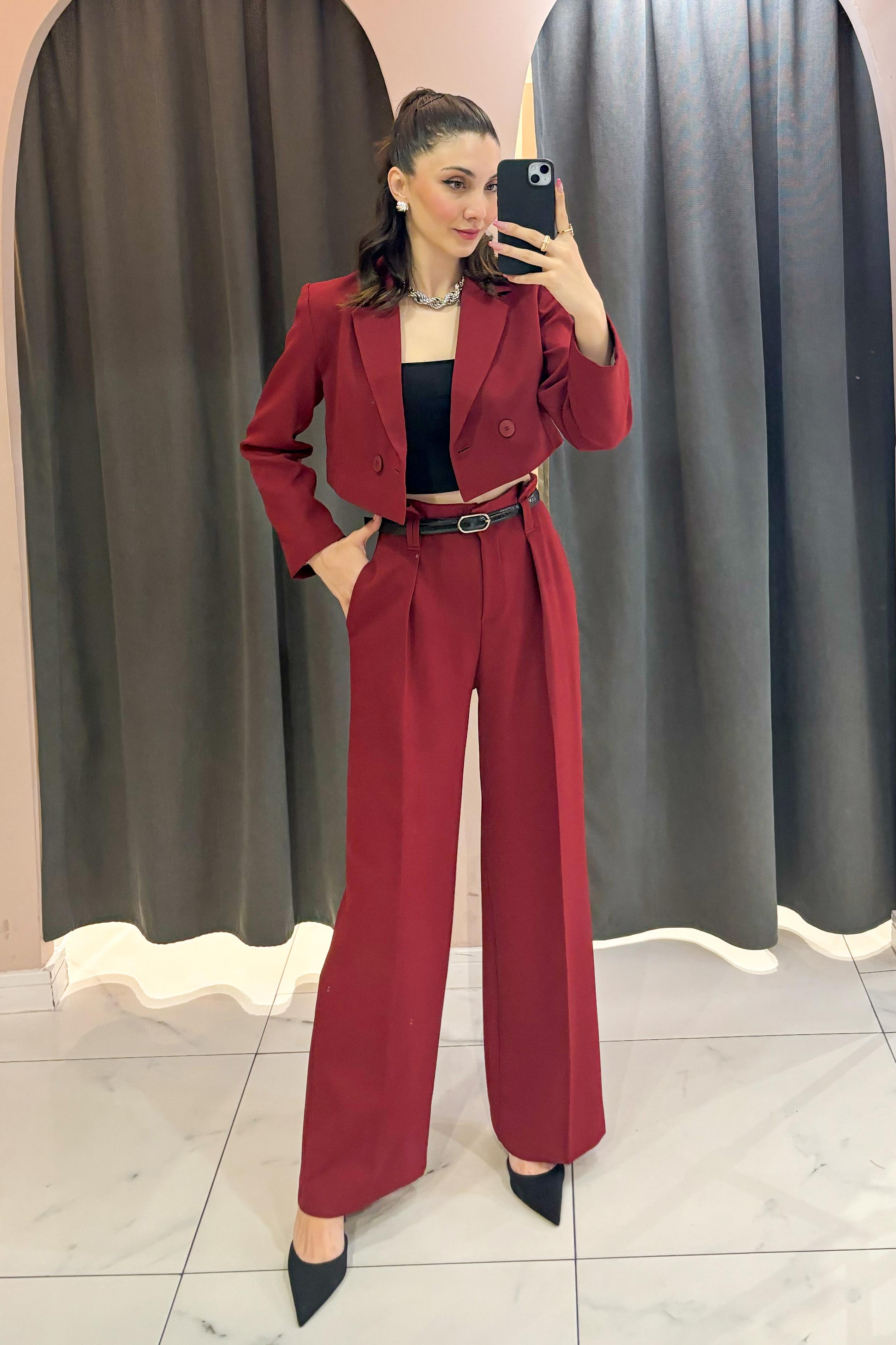 Bordo Kemer Detaylı Yüksekbel Pantolon