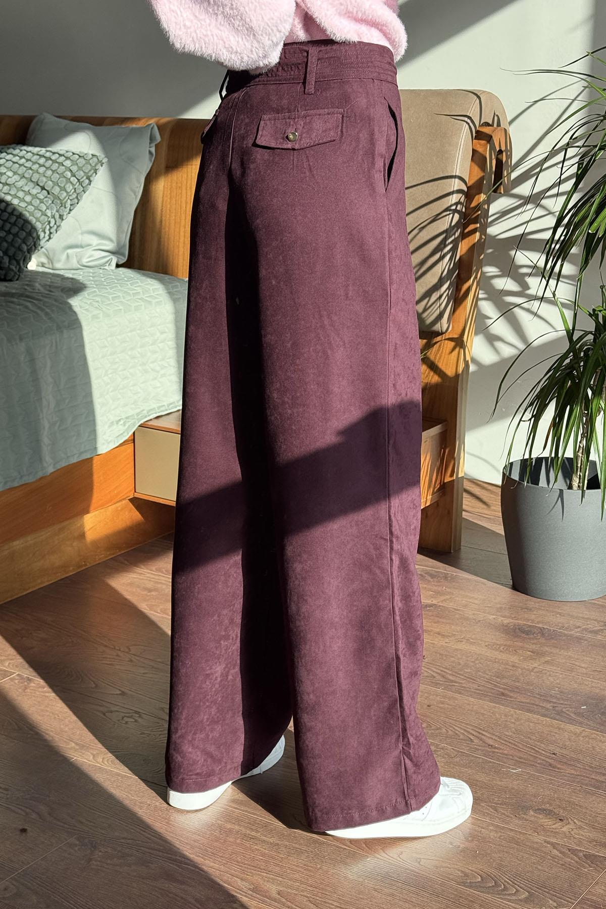 Bordo Kemerli Süet Pantolon