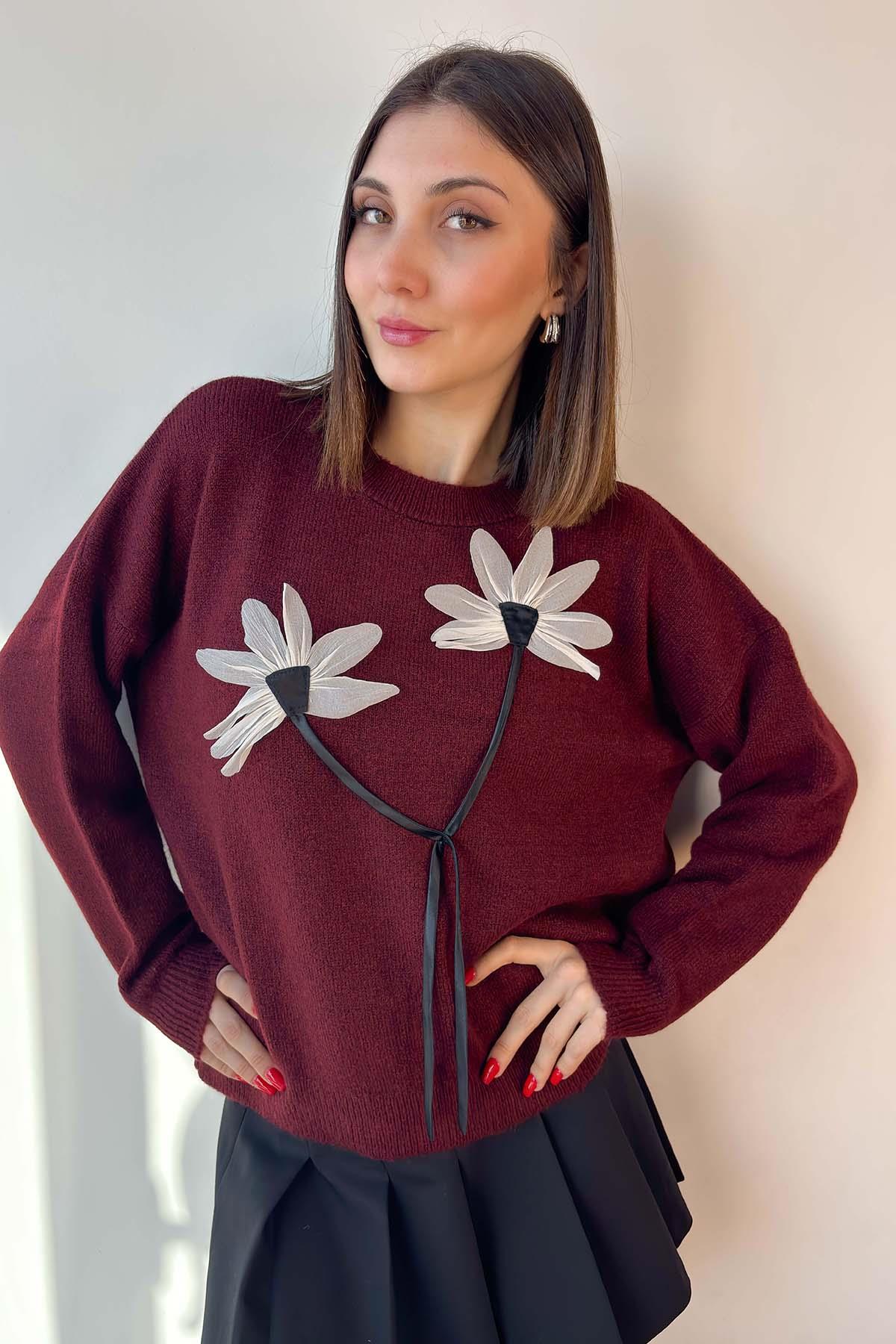 Bordo Keten Çiçekli Oversize Kazak