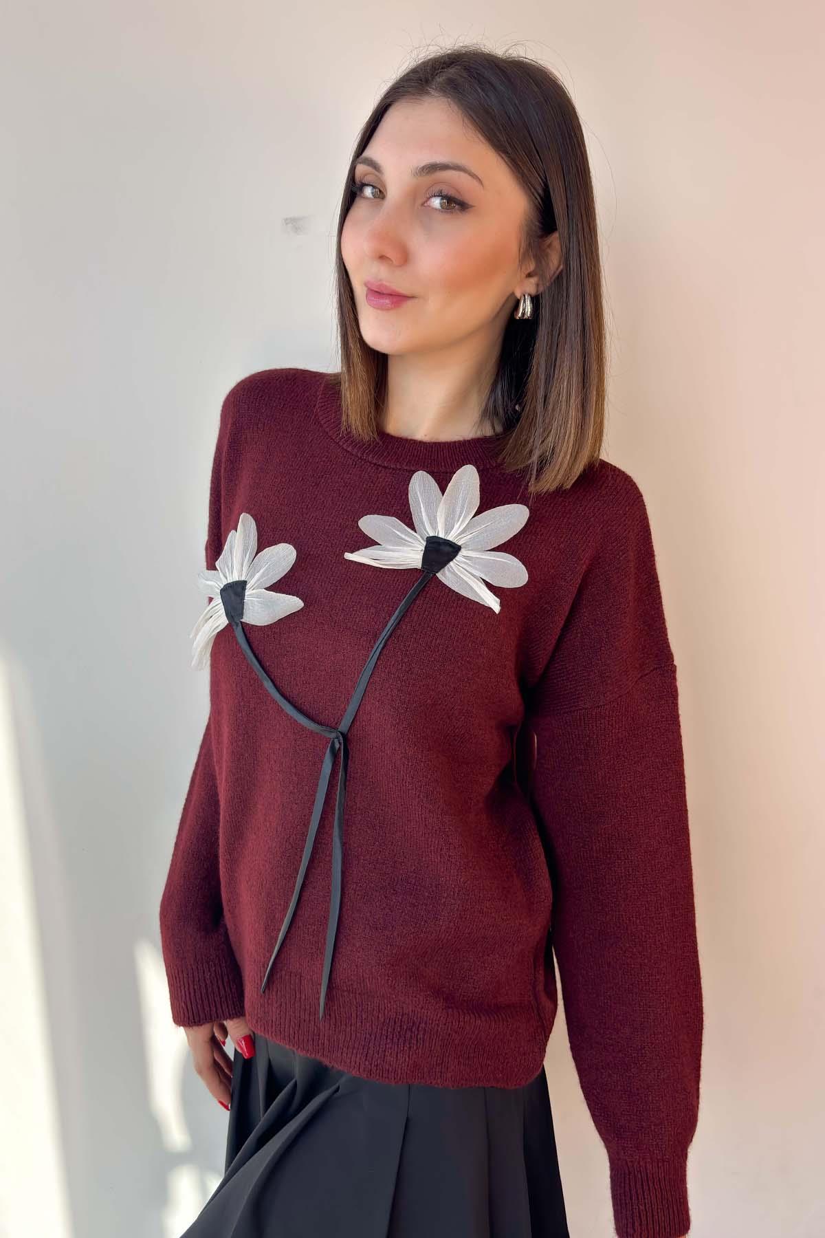 Bordo Keten Çiçekli Oversize Kazak