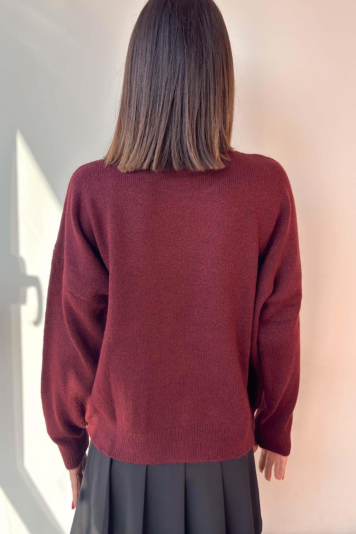 Bordo Keten Çiçekli Oversize Kazak
