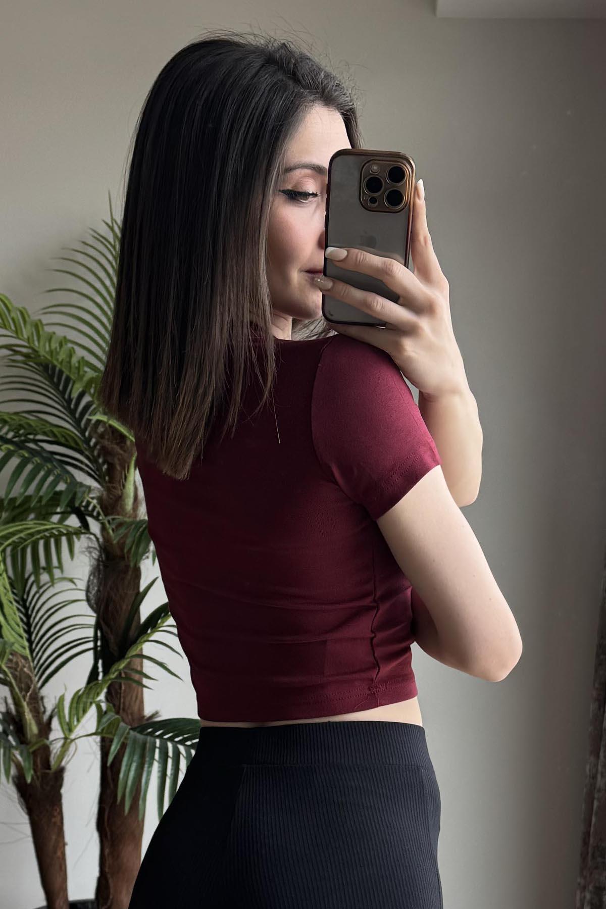 Bordo Kiraz Nakışlı Soft Touch Modal Kısakollu T Shirt