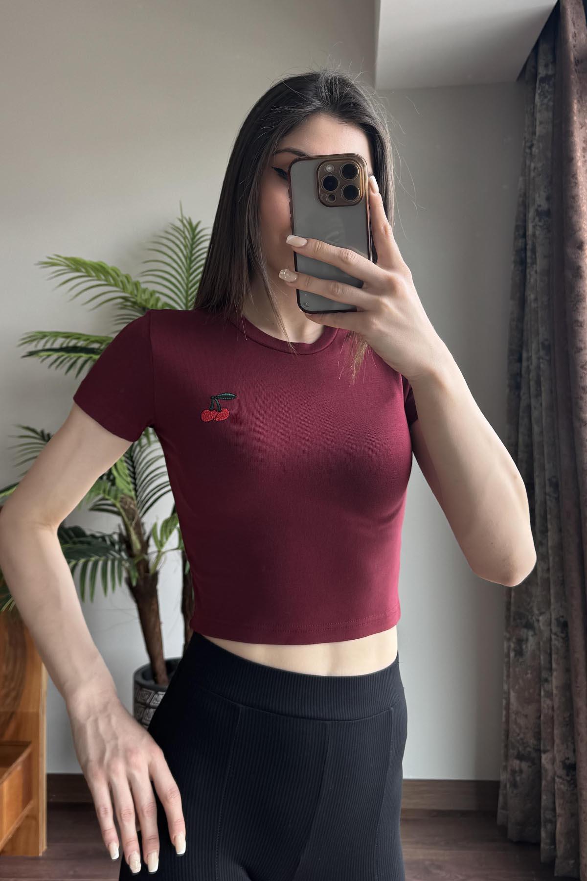 Bordo Kiraz Nakışlı Soft Touch Modal Kısakollu T Shirt