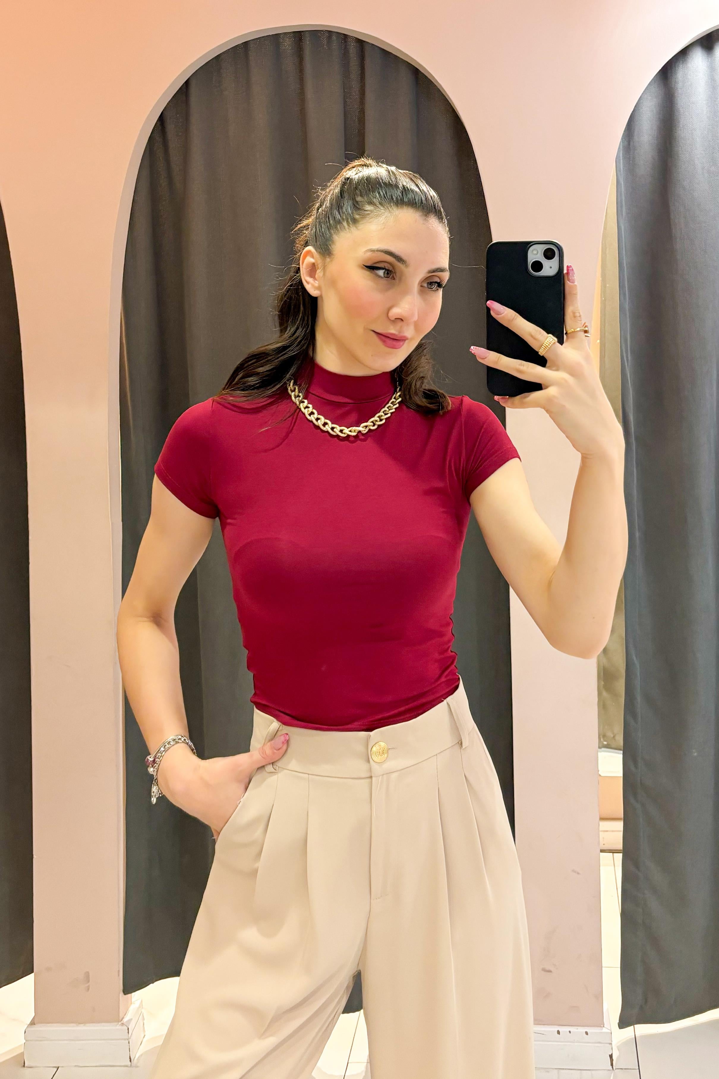 Bordo Kısakollu Bluz