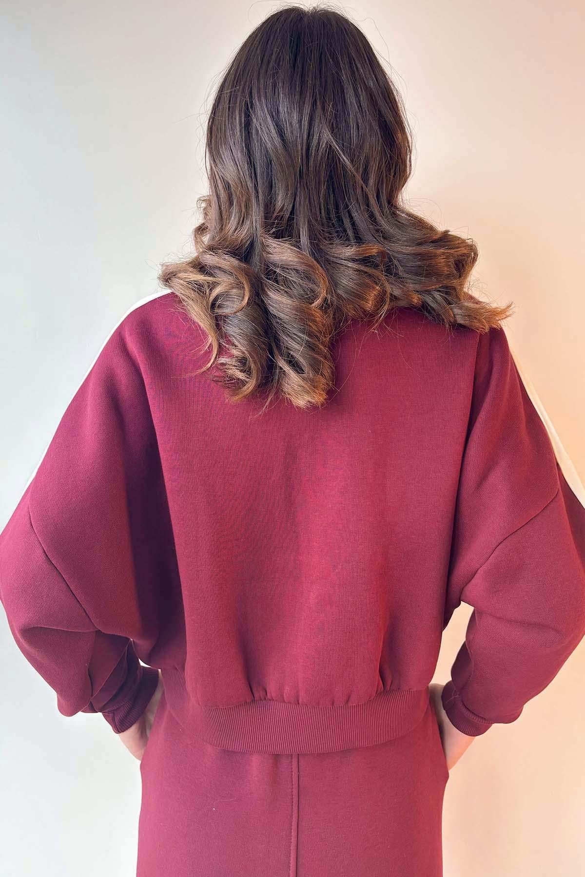 Bordo Kol Şeritli Fermuarlı Üç İplik Sweatshirt