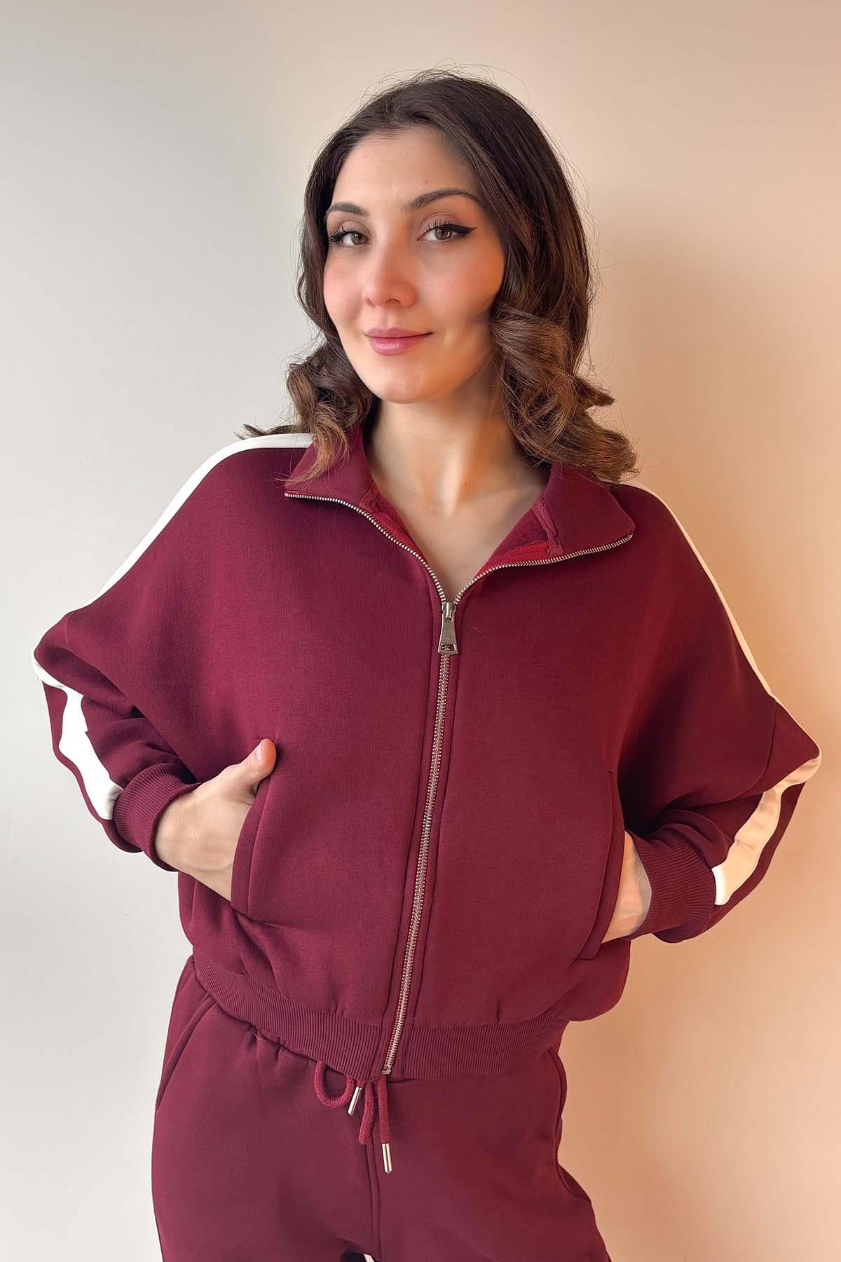 Bordo Kol Şeritli Fermuarlı Üç İplik Sweatshirt