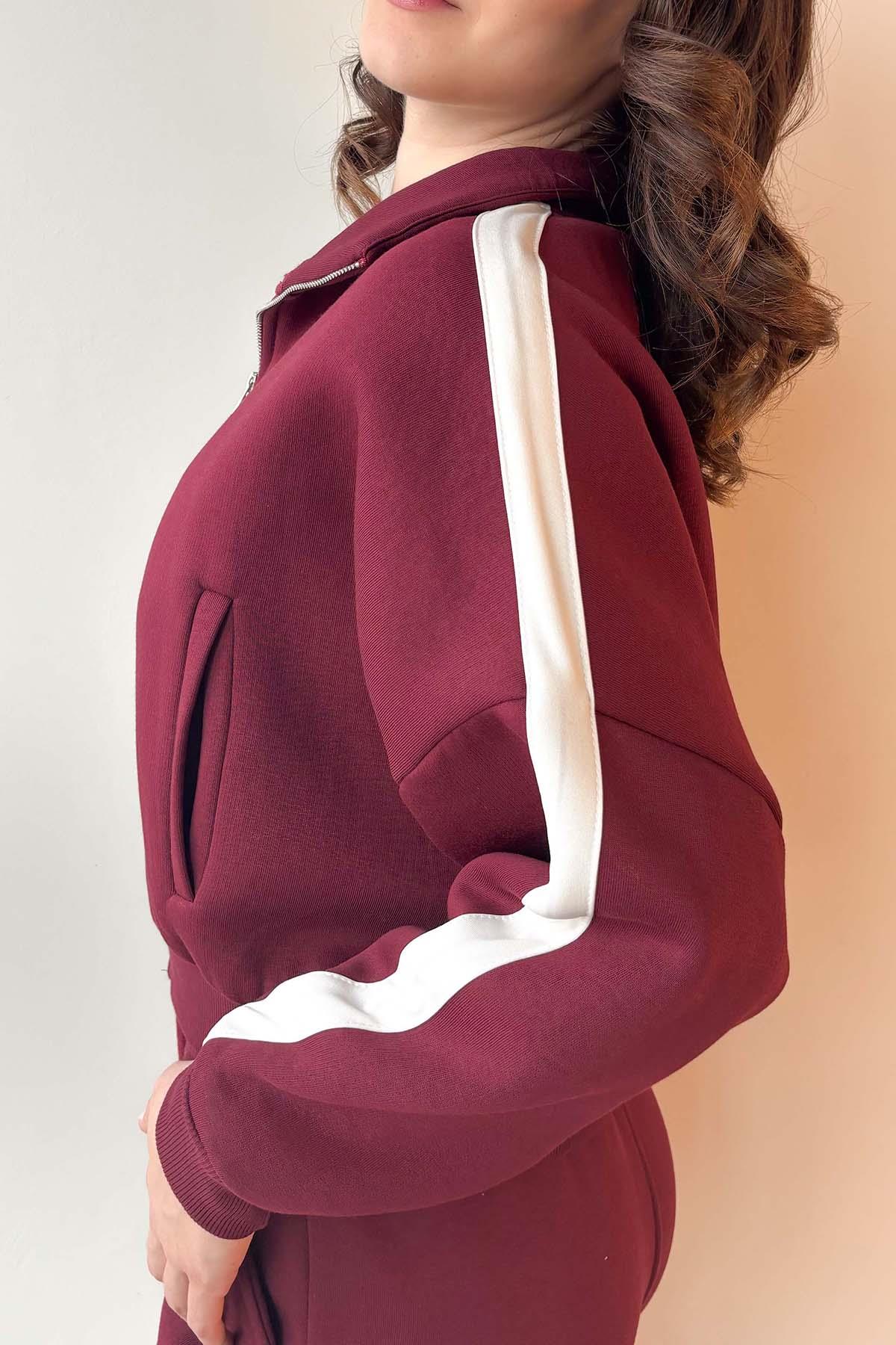 Bordo Kol Şeritli Fermuarlı Üç İplik Sweatshirt
