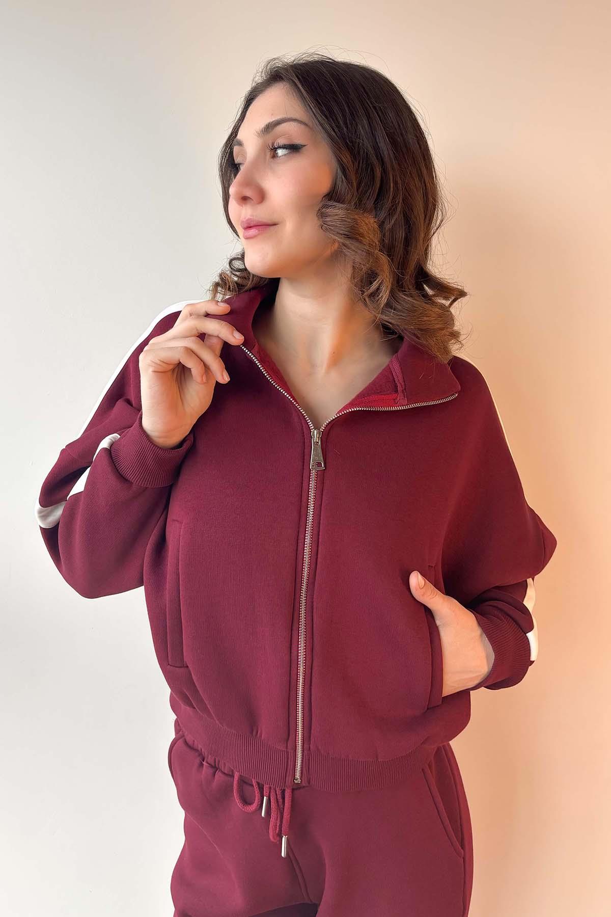 Bordo Kol Şeritli Fermuarlı Üç İplik Sweatshirt
