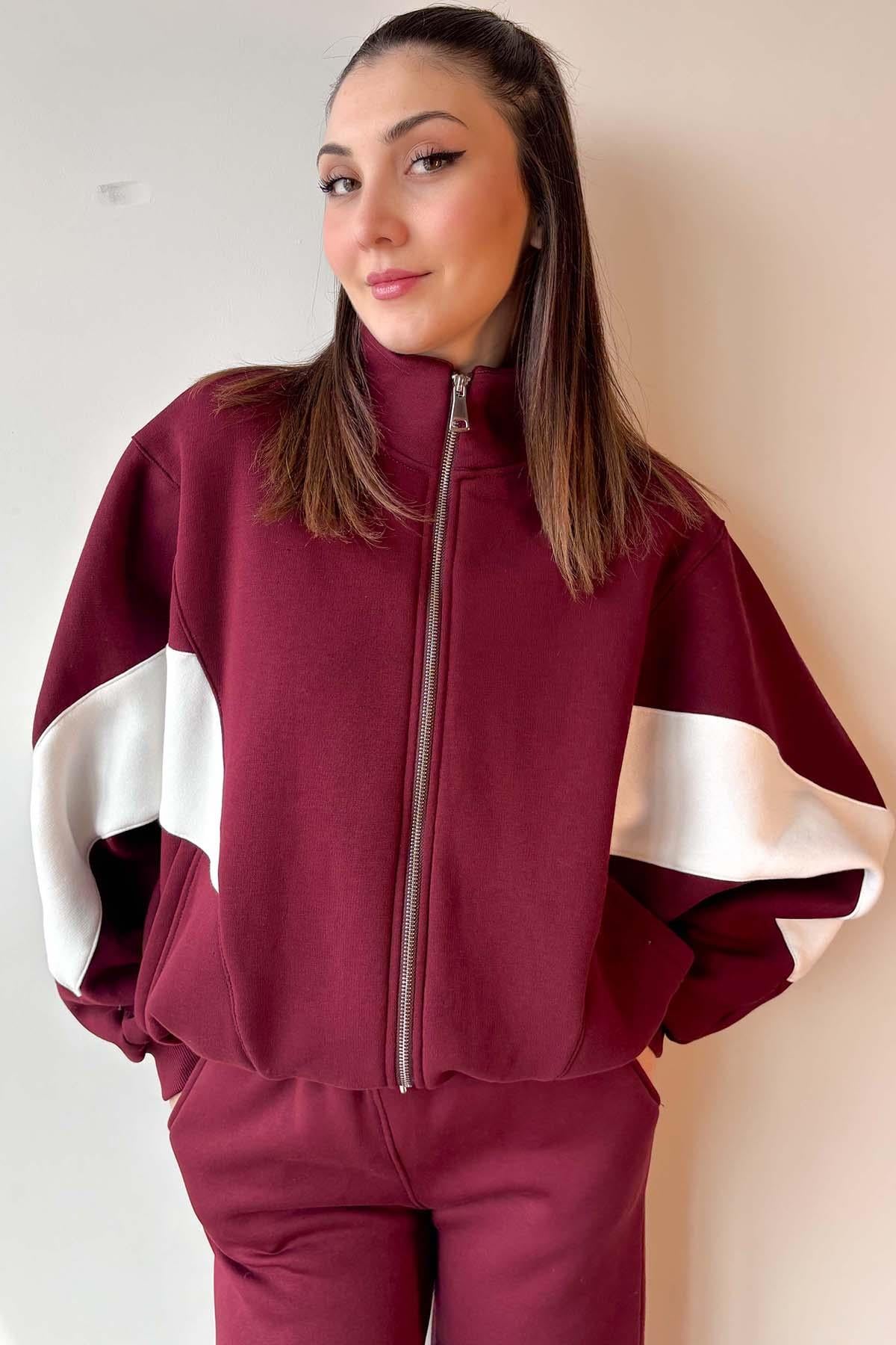 Bordo Kolu Parça Detaylı Üç İplik Şardonlu Fermuarlı Sweatshirt