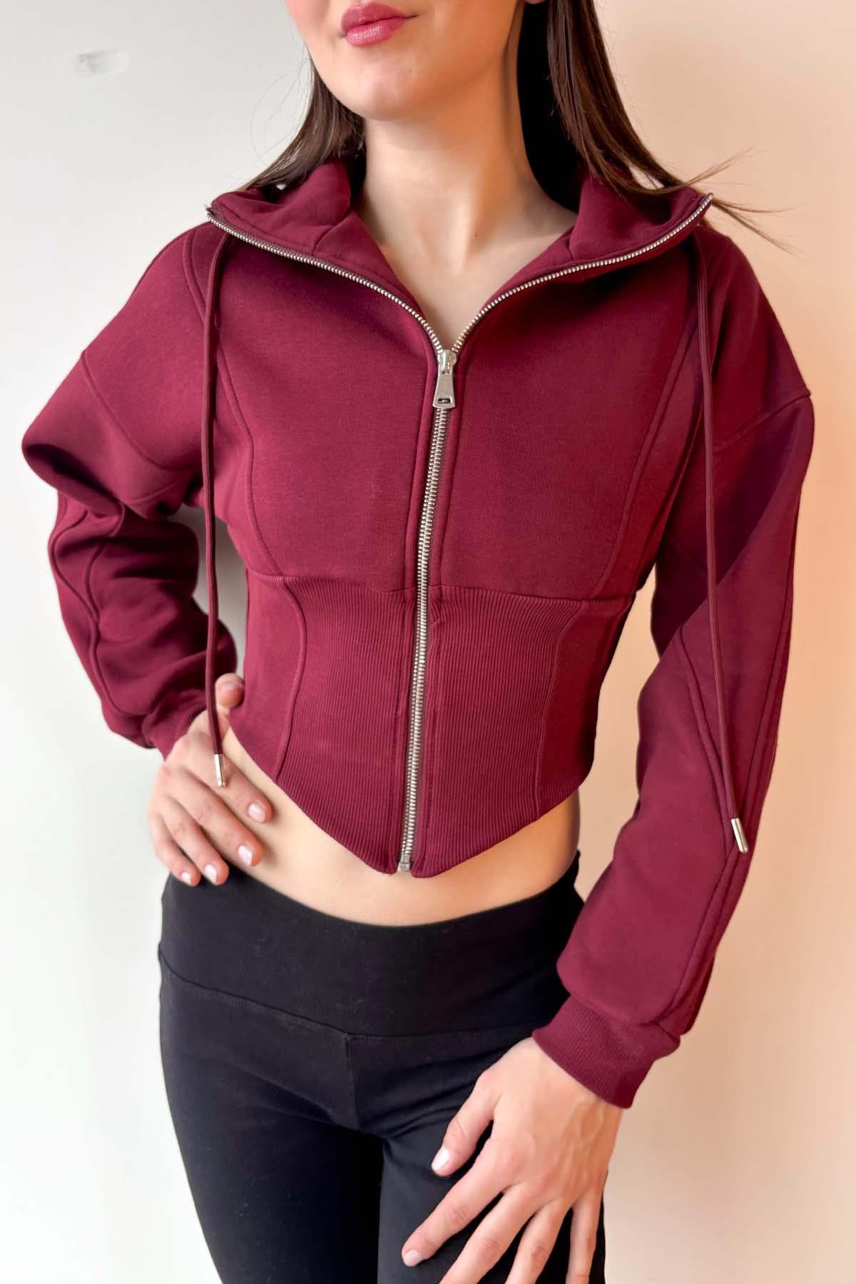Bordo Korse Görünümlü Fermuarlı Sweatshirt