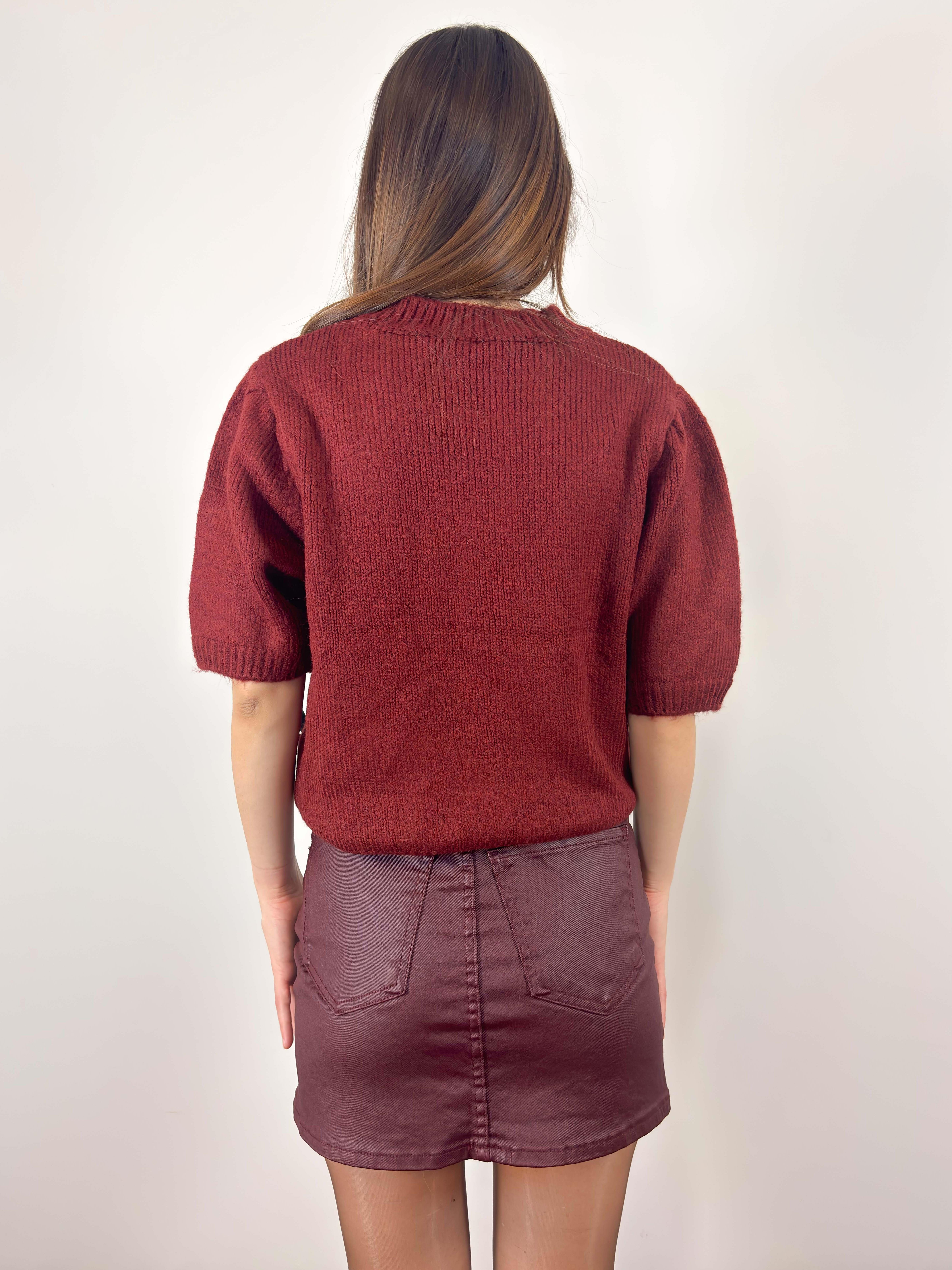 Bordo Kurdele Detaylı Kısakollu Crop Kazak