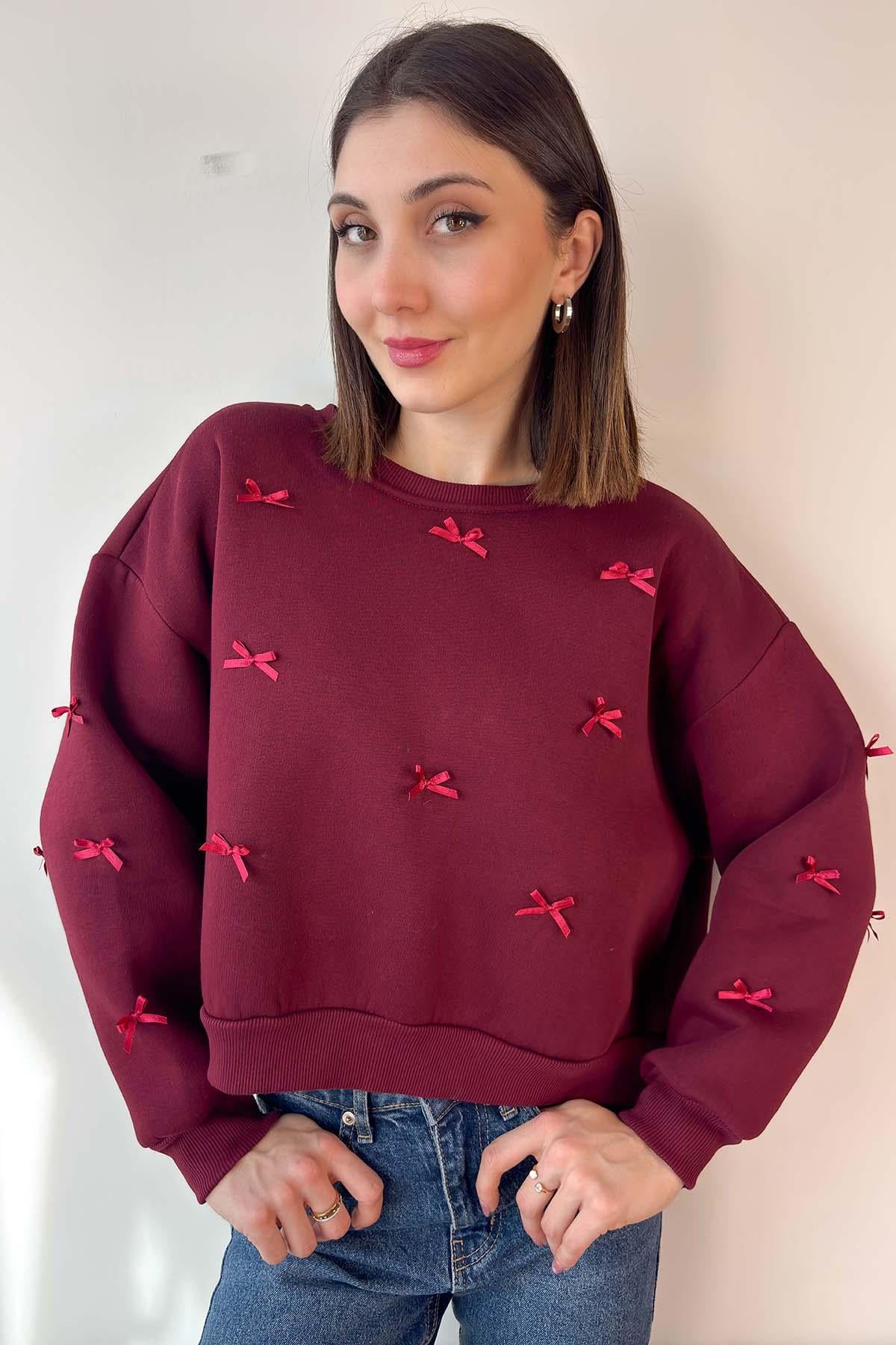 Bordo Kurdele Detaylı Pinterest Crop Sweatshirt