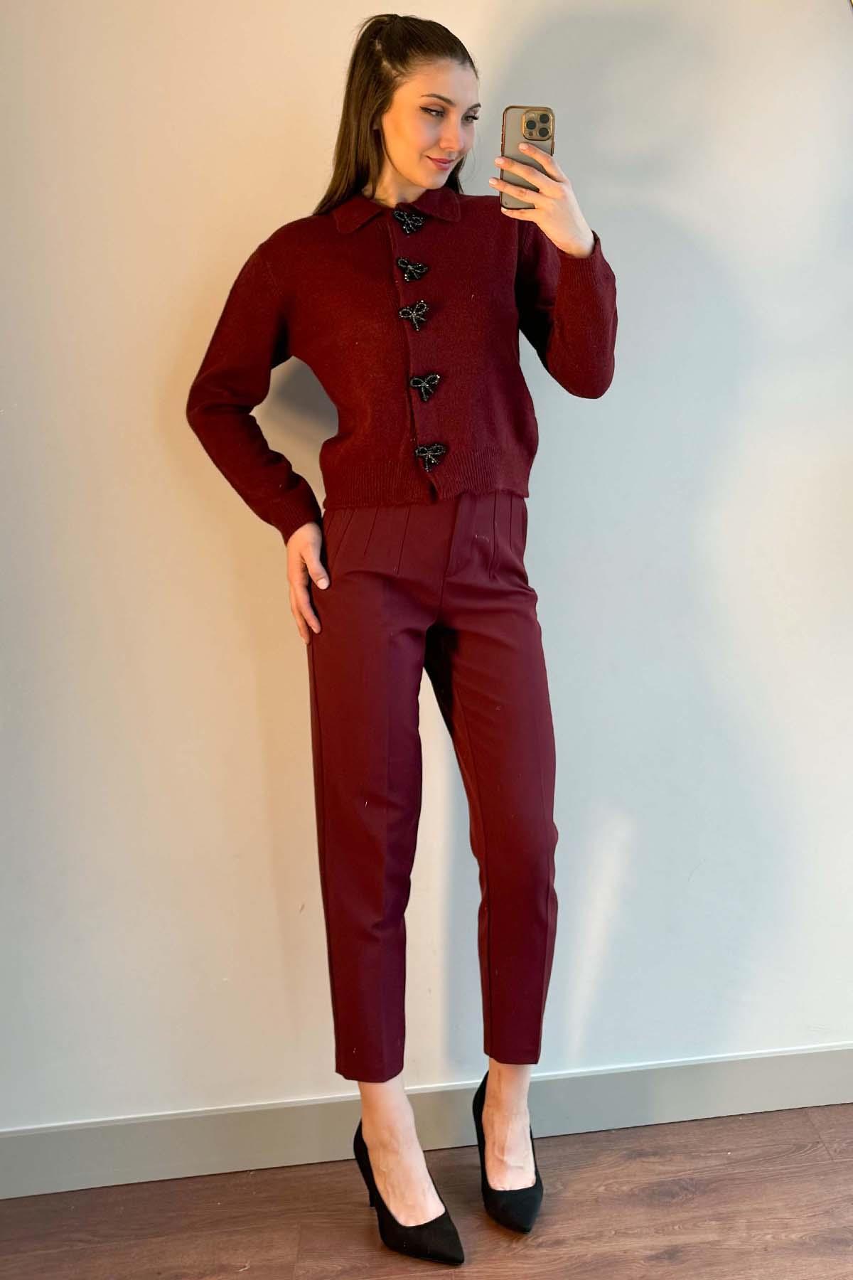 Bordo Kurdele Düğmeli Triko Hırka