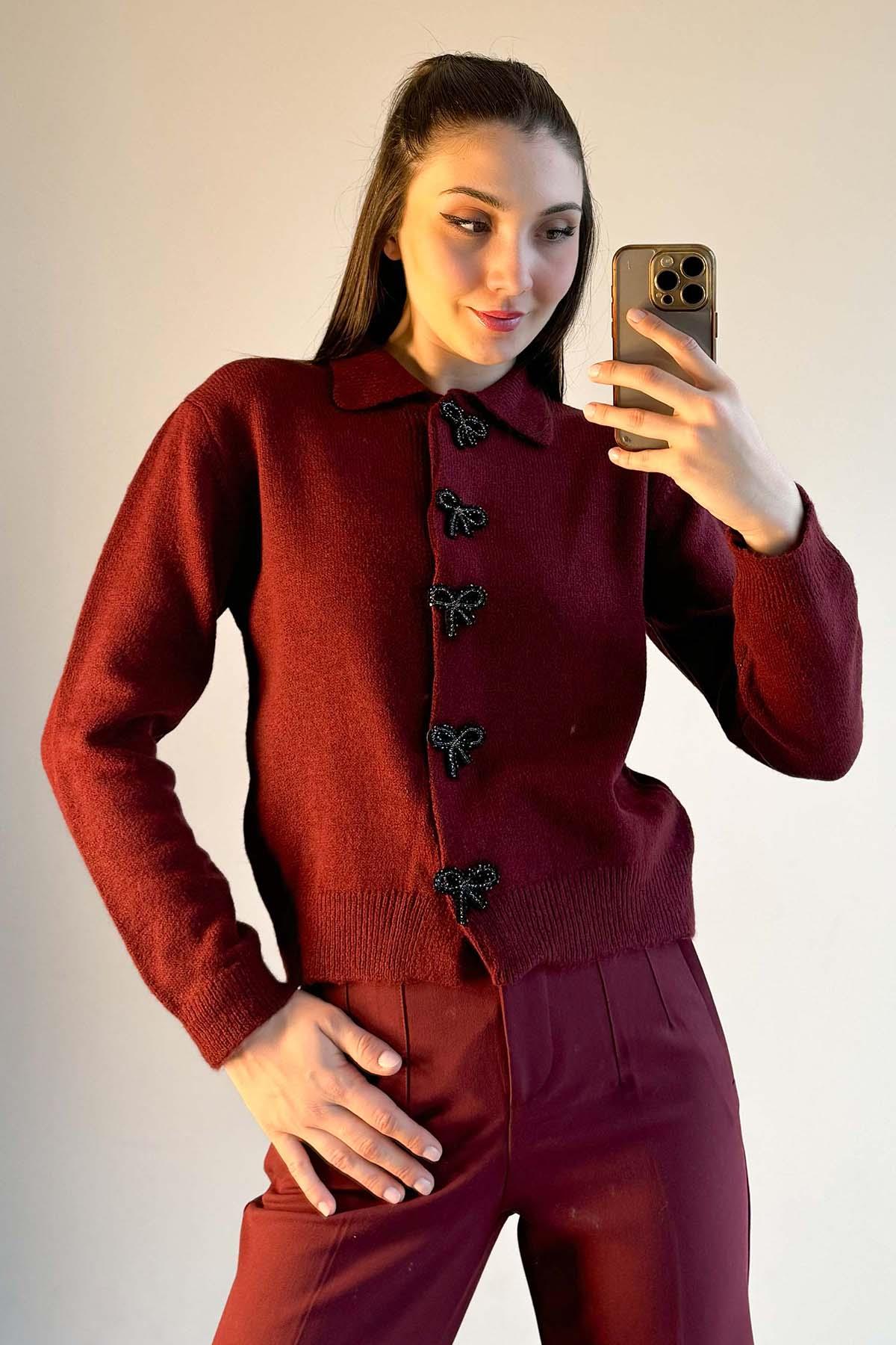 Bordo Kurdele Düğmeli Triko Hırka