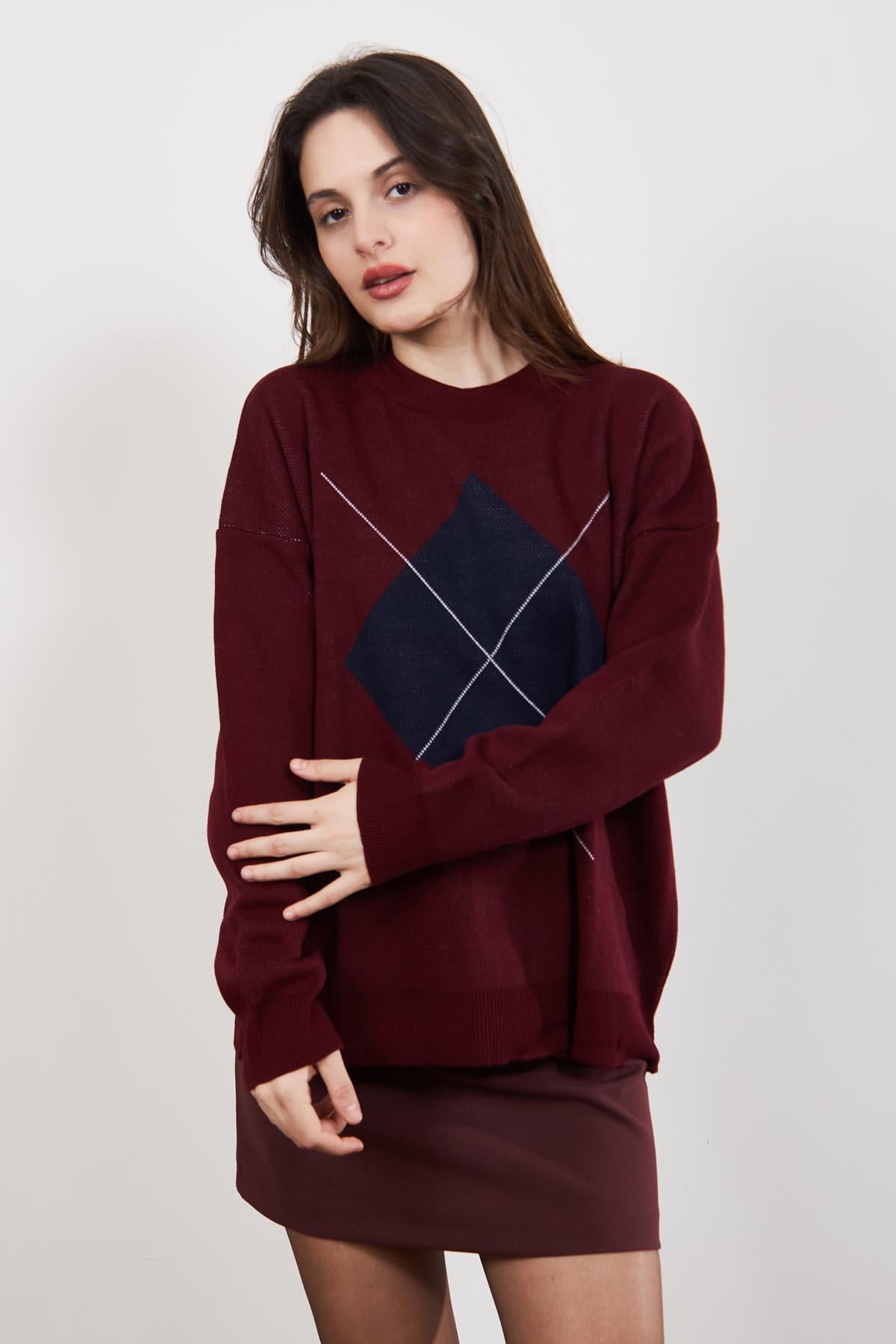 Bordo Lacivert Fleap Oversize Bisiklet Yaka Kazak