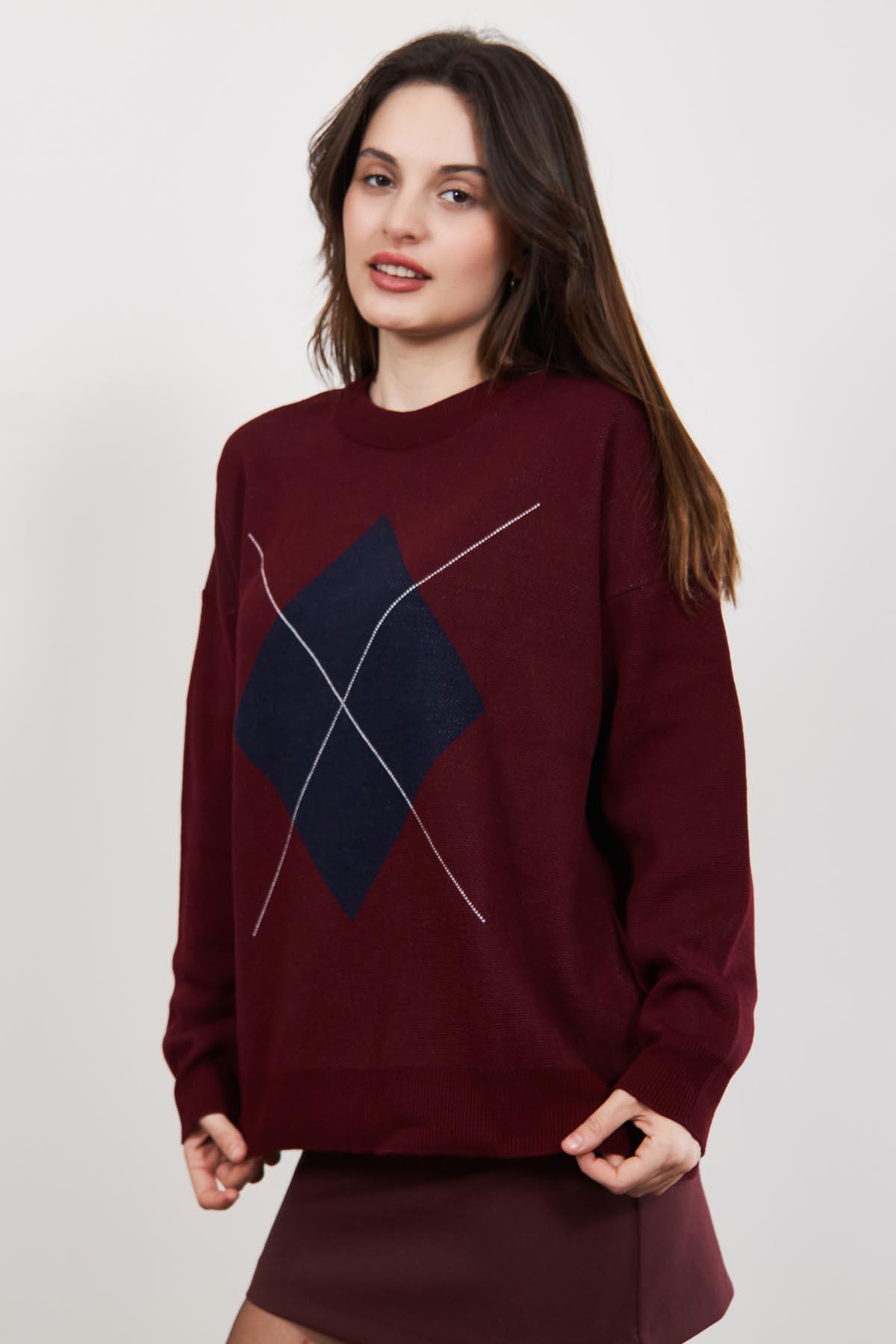 Bordo Lacivert Fleap Oversize Bisiklet Yaka Kazak