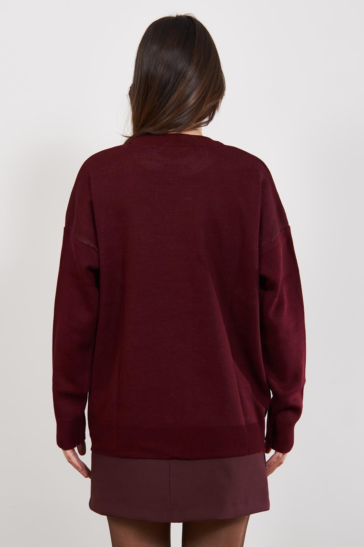 Bordo Lacivert Fleap Oversize Bisiklet Yaka Kazak