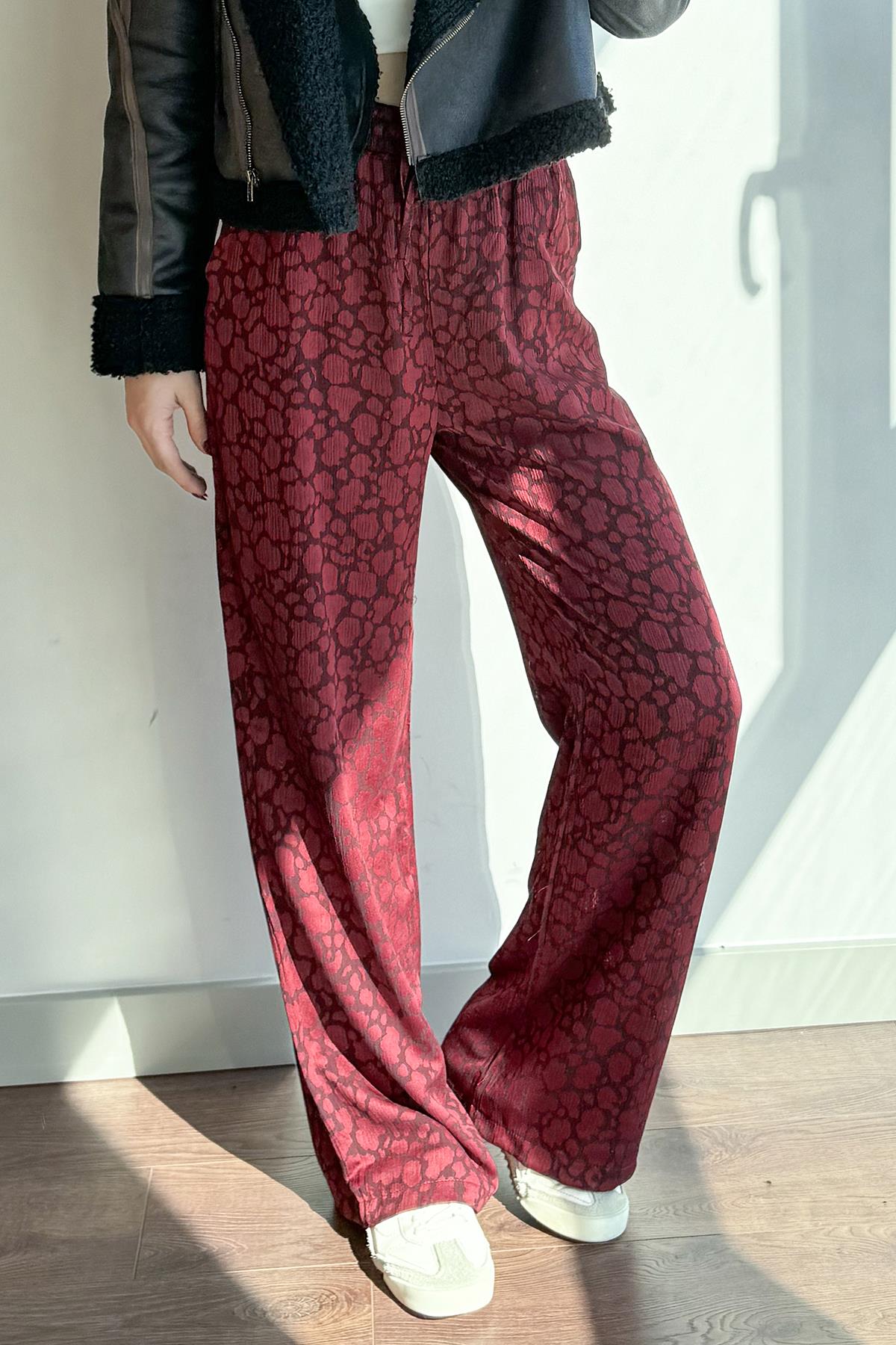 Bordo Leopar Desenli Beli Lastikli İpli Pantolon