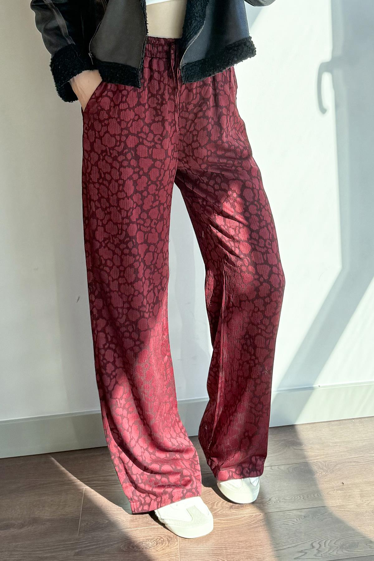 Bordo Leopar Desenli Beli Lastikli İpli Pantolon