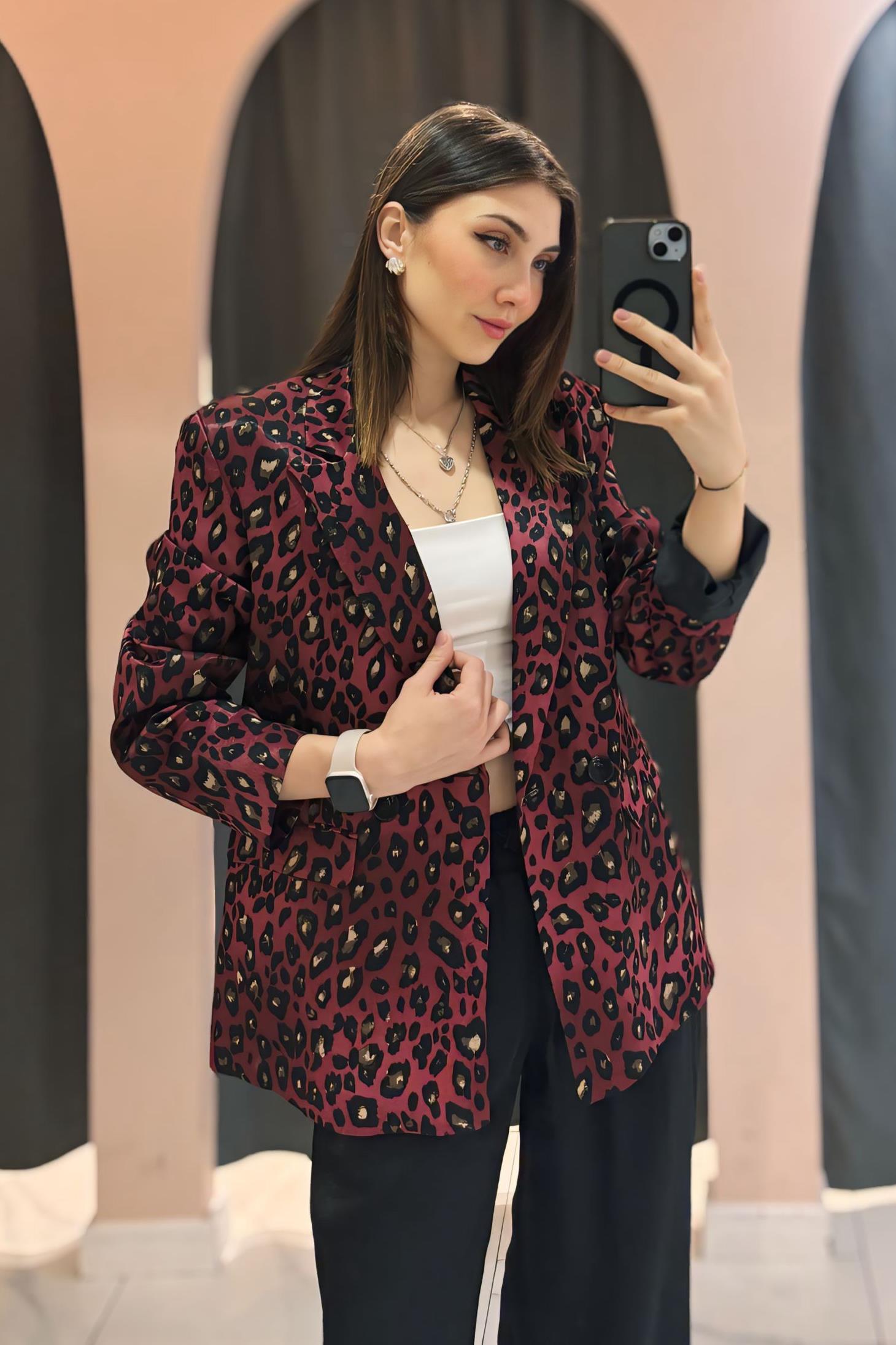 Bordo Leopar Desenli Ceket