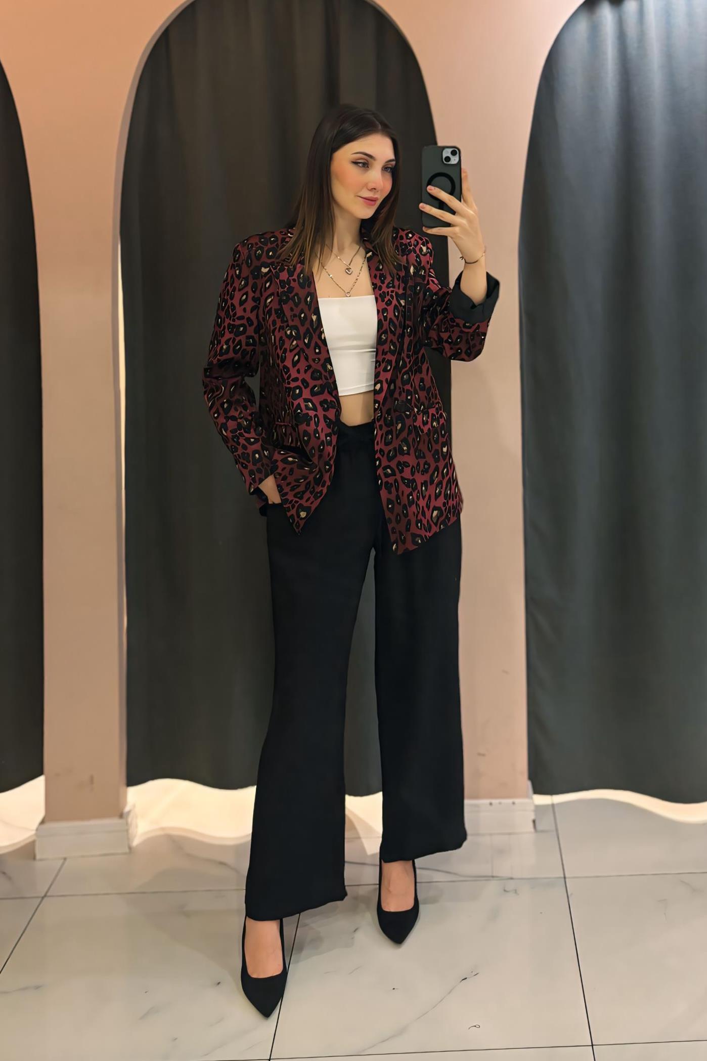 Bordo Leopar Desenli Ceket