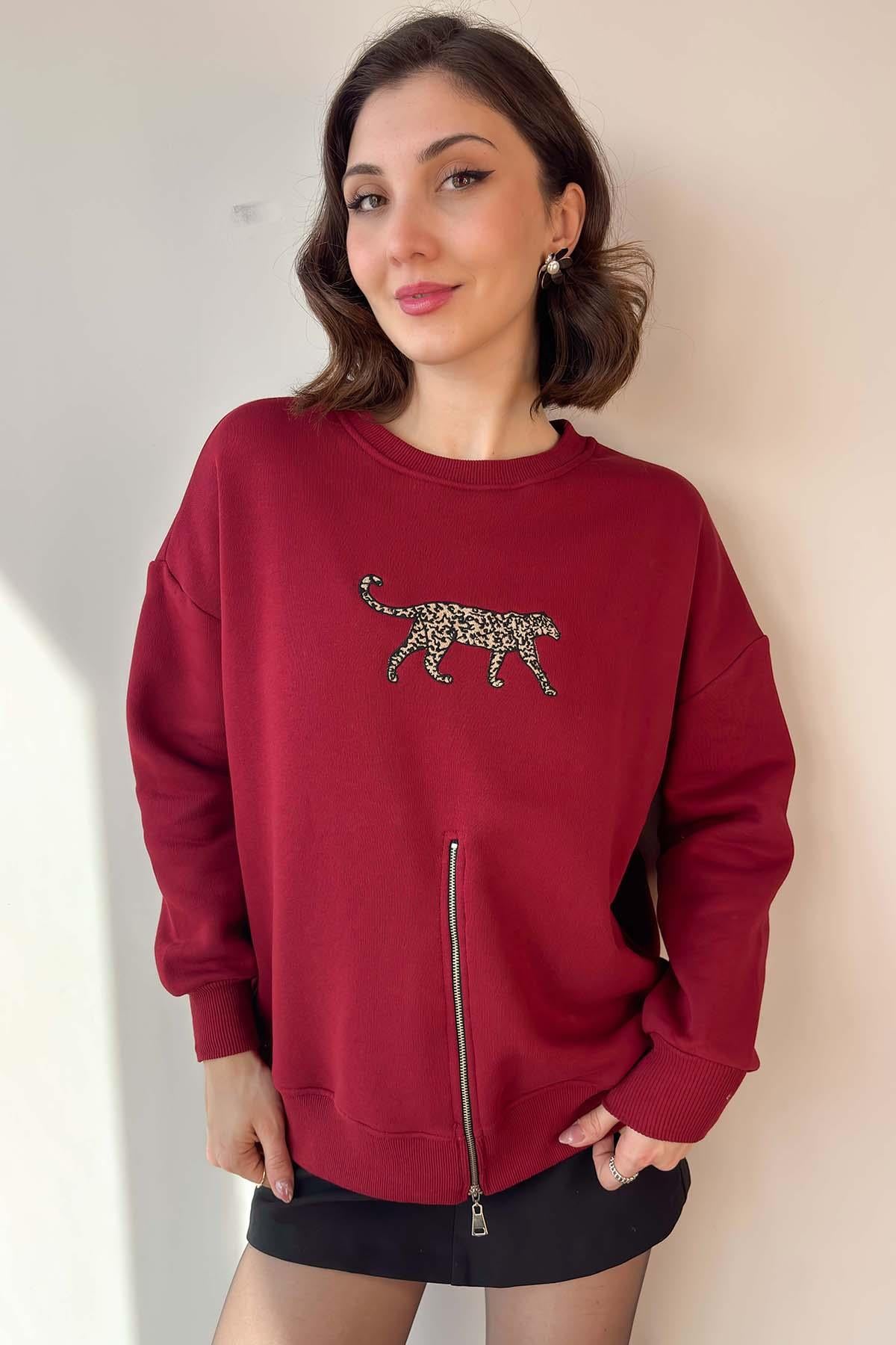 Bordo Leopar Nakışlı Fermuarlı Sweatshirt
