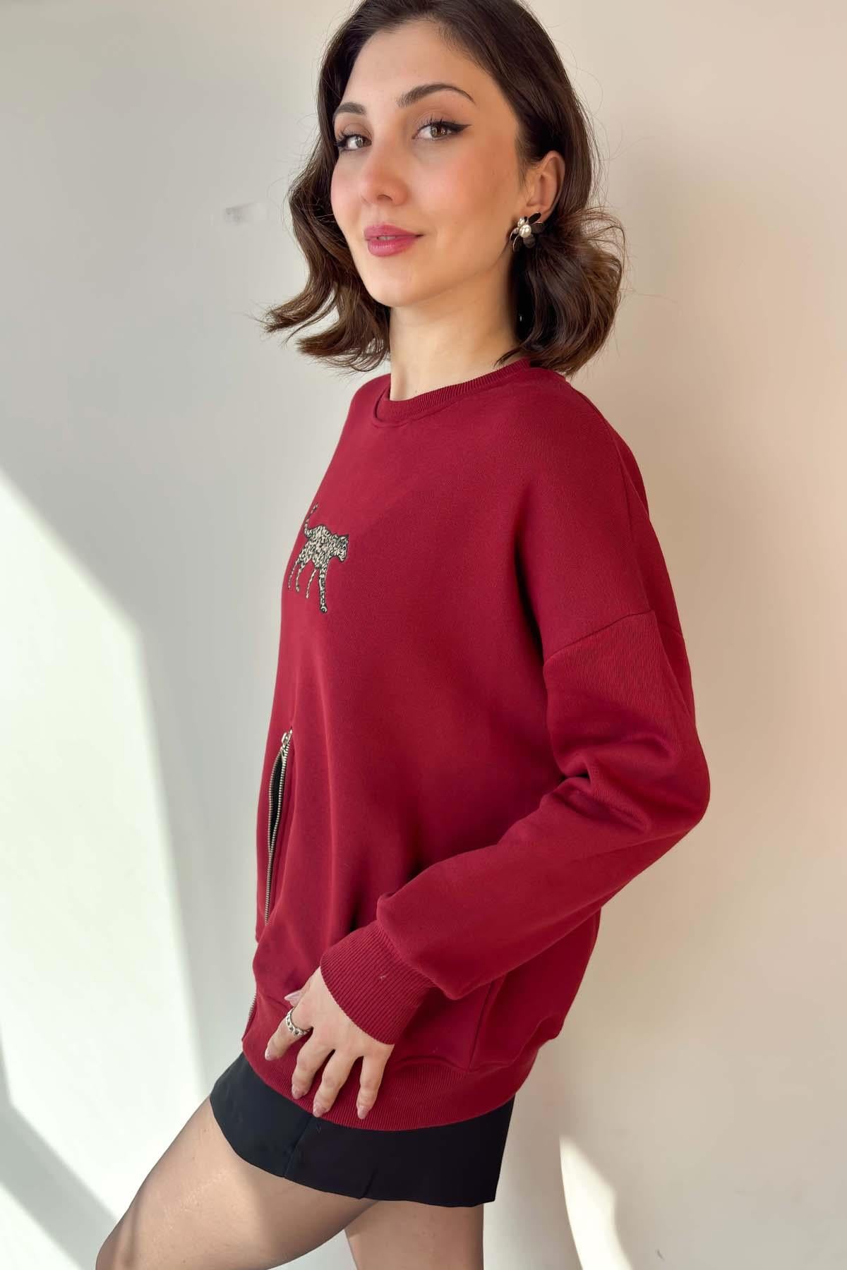 Bordo Leopar Nakışlı Fermuarlı Sweatshirt