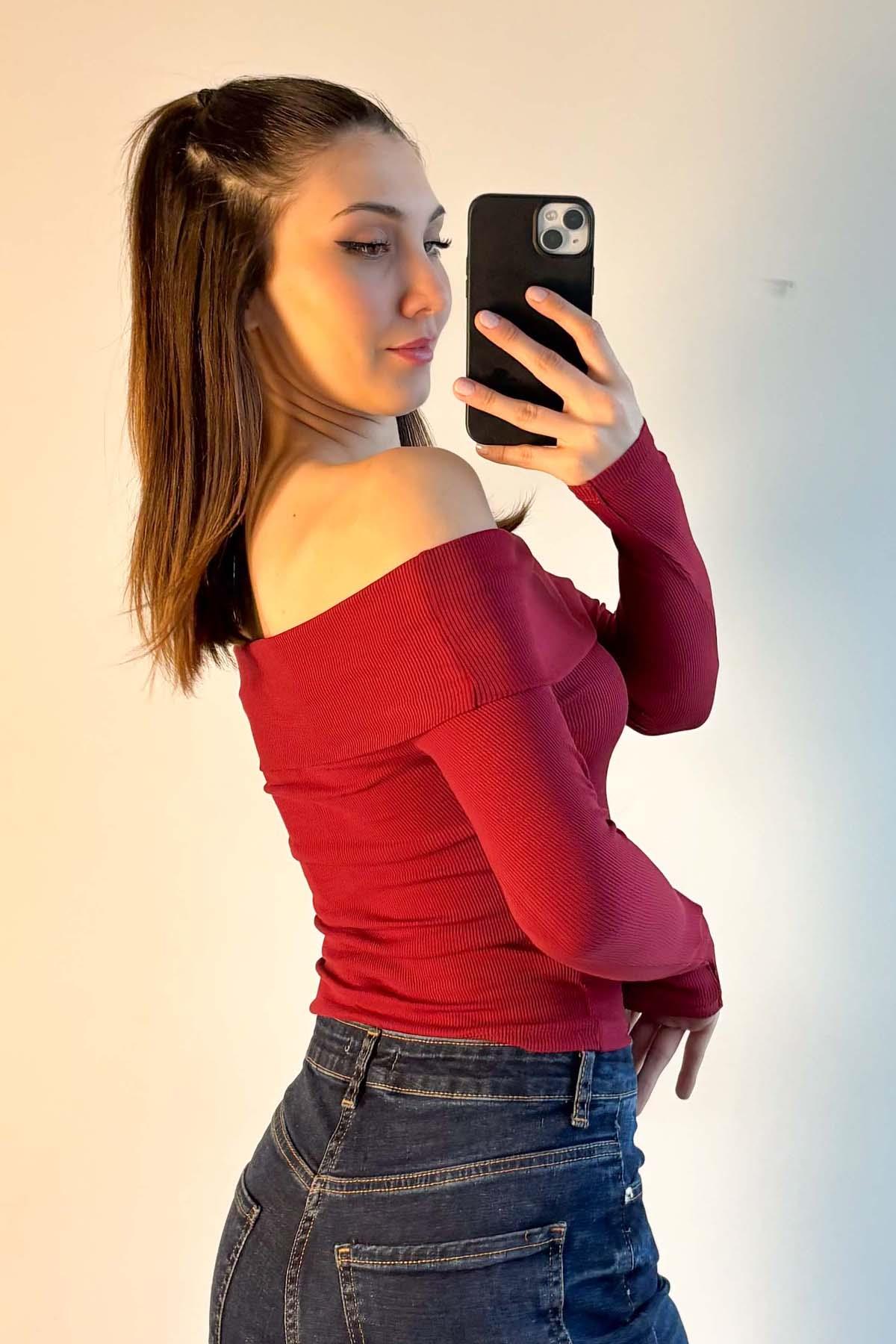 Bordo Madonna Yaka Kaşkorse Bluz