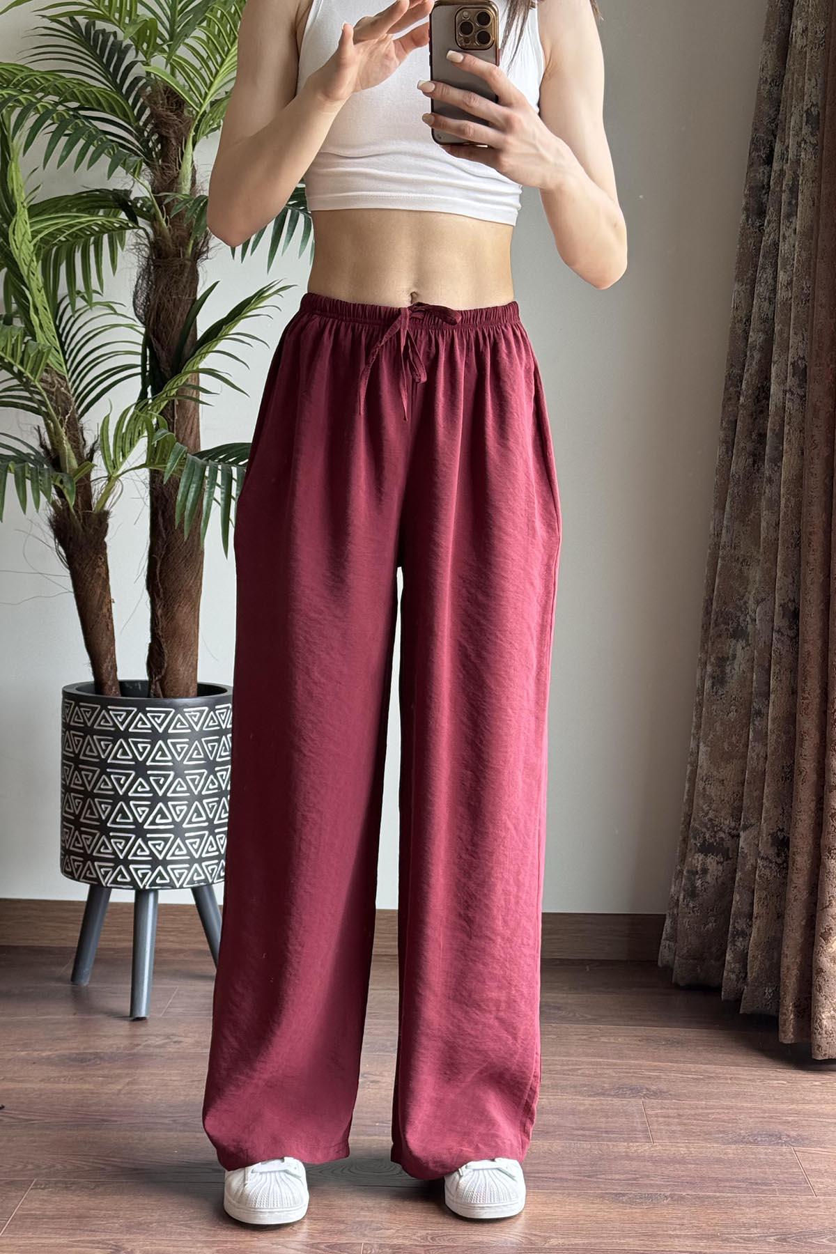 Bordo Massi Beli İpli Tencel Pantolon