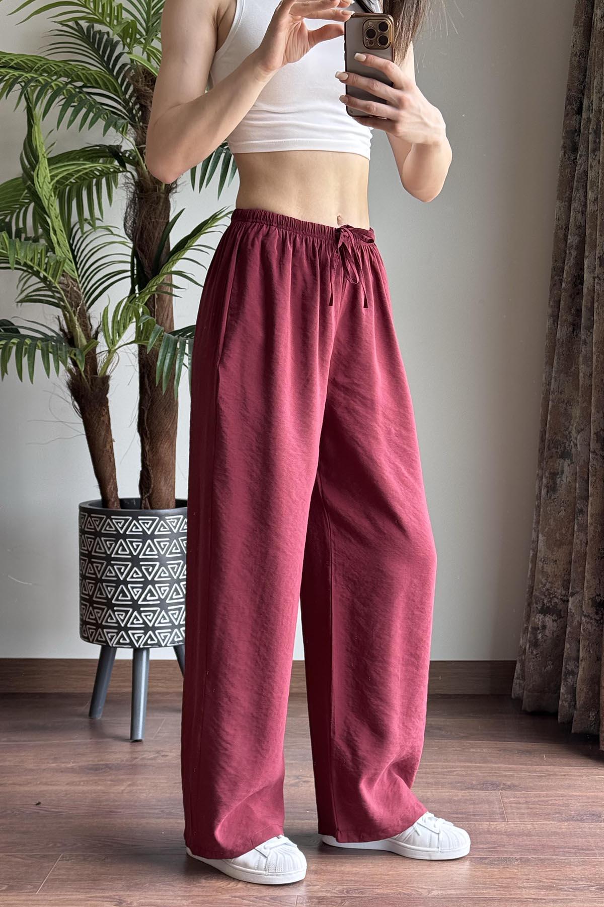 Bordo Massi Beli İpli Tencel Pantolon