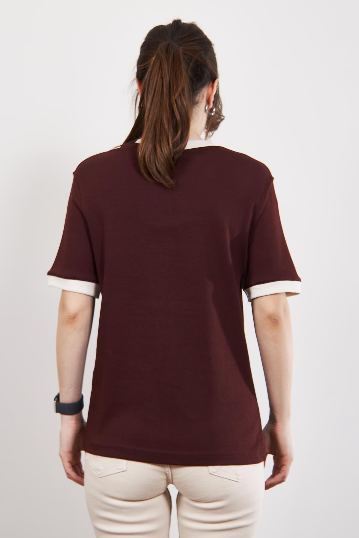 Bordo Massi Kontrast Yaka ve Manşetli T Shirt